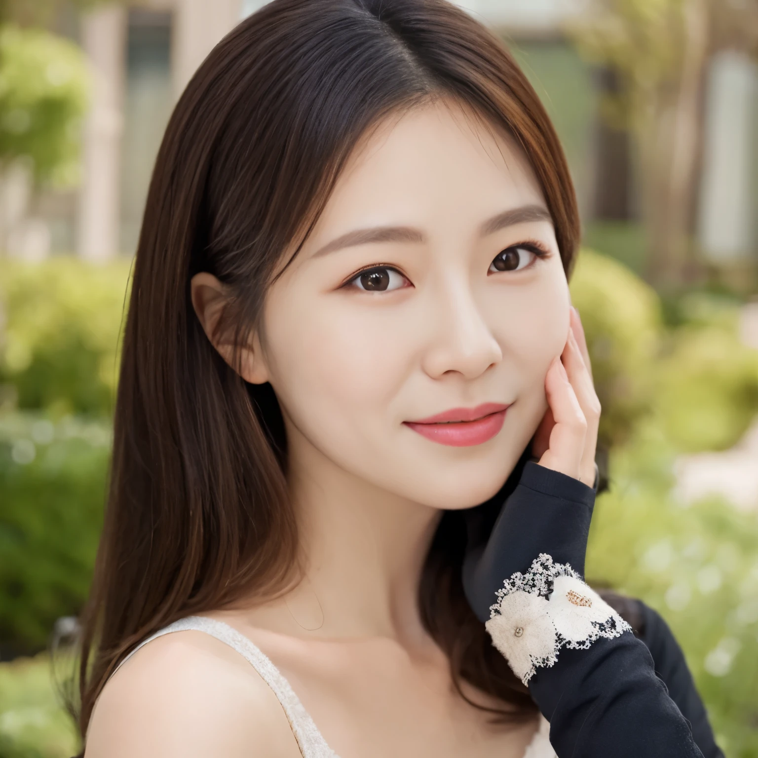 [Korean language,realistic, masterpiece, final details, photorealistic, intricate details , octane rendering , 【8k, 1 Girl , Perfect face shape all over, Beautiful Face , new world foundation, slot reference, detail hair,, black Bow down, black Gloves, Black Leg, blue eyes, blue hair, Bow down, clavicle, skirt, Drill hair , [Wrinkles, [Wrinkles, Gloves, Ge Wen, headskirt, high resolution , long hair, lips open, Puff sleeves, purple eyes , Smile, alone, white skirt, oily skin,