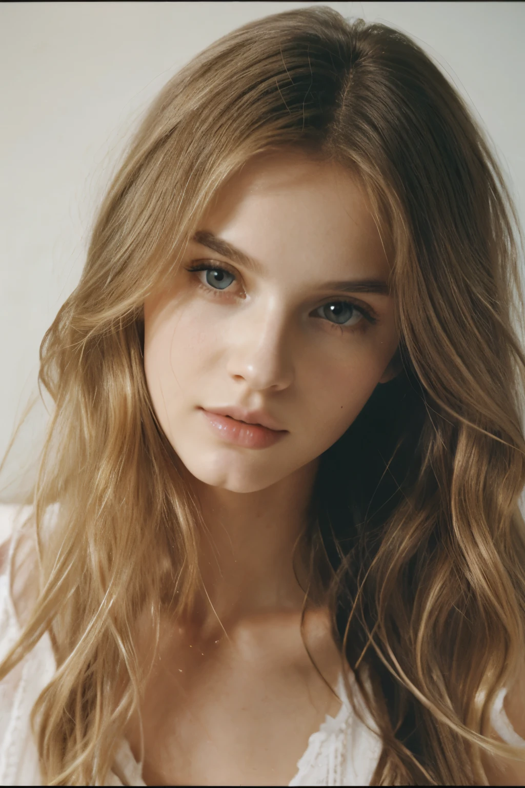 Film still, 1girl, very beautiful supermodel face, dreamy angelic face, y2k, 2000 blowout wavy Hair, 2000 fashion, 2000 makeup, Streaked Hair, pale skin