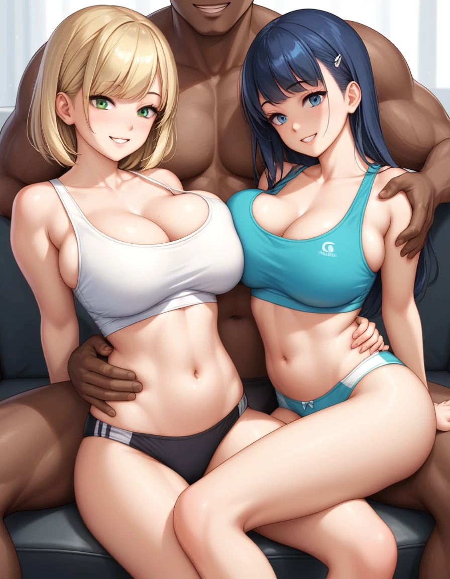 score_7_up, source_anime, anime screen, 2girls, big breasts, 1boy, smile, dark-skinned male, muscular male, underwear, sitting sofa, from front, touching bellybutton, dick in the bellybutton, navel play, belly, belly button focus, belly focus, the object inside bellybutton, bellybutton, bellybutton, belly button, touching belly, someone touching her belly, someone fucking her belly button, navel play, playing with navel, rubbing navel.