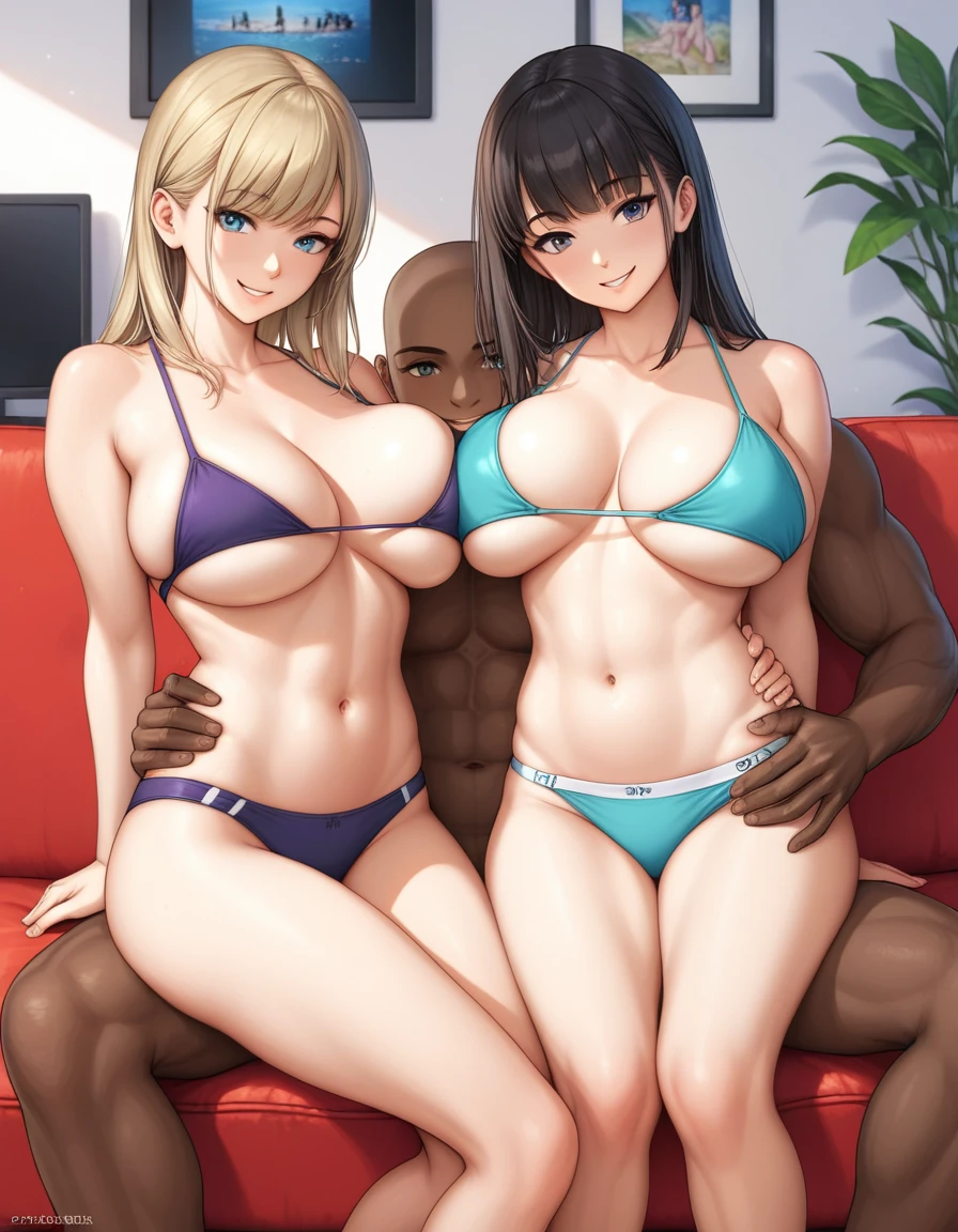 score_7_up, source_anime, anime screen, 2girls, big breasts, 1boy, smile, dark-skinned male, muscular male, underwear, sitting sofa, from front, touching bellybutton, dick in the bellybutton, navel play, belly, belly button focus, belly focus, the object inside bellybutton, bellybutton, bellybutton, belly button, touching belly, someone touching her belly, someone fucking her belly button, navel play, playing with navel, rubbing navel.