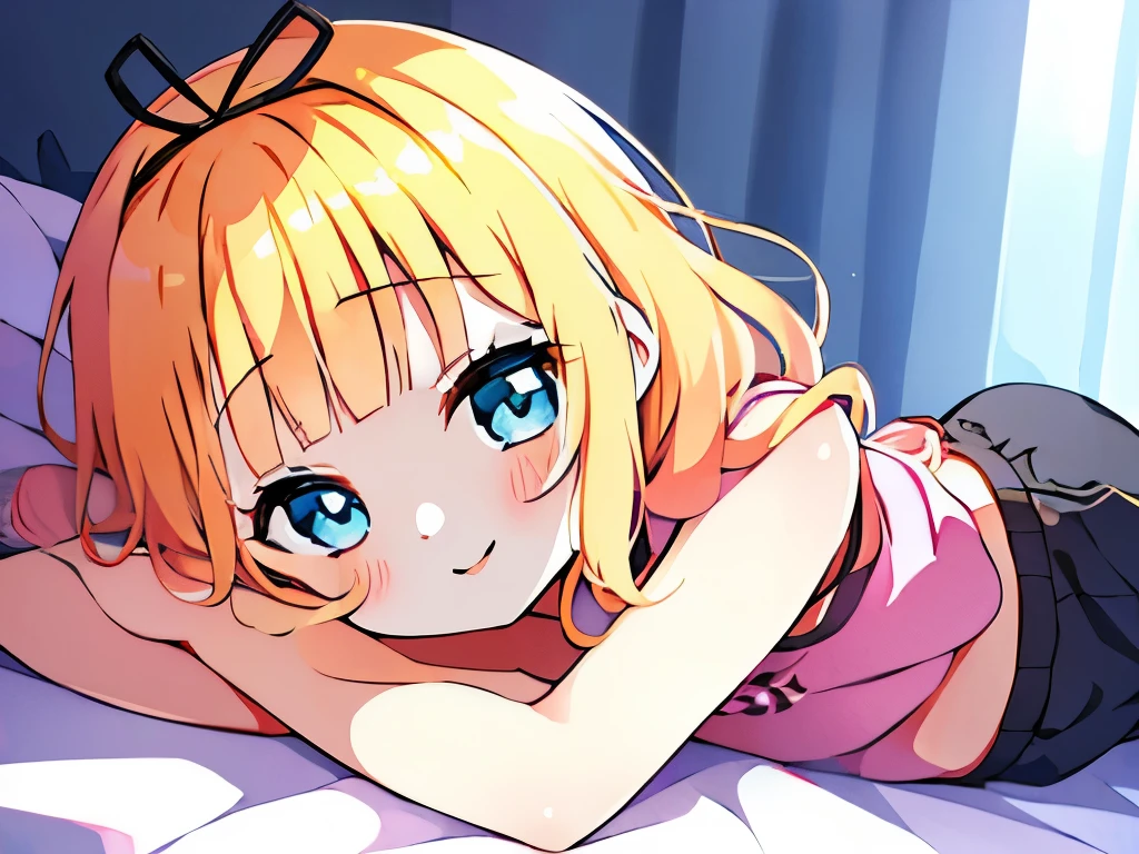 ((masterpiece)), ((best quality)), (ultra-detailed), anime style, on the bed, a cute girl, 1girl, solo, gym shorts00, ((beautiful eyes))0, smile
