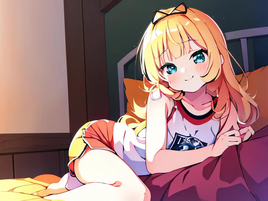 ((masterpiece)), ((best quality)), (ultra-detailed), anime style, on the bed, a cute girl, 1girl, solo, gym shorts00, ((beautiful eyes))0, smile
