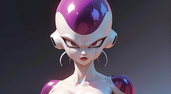 ((Freeza)) (( Frieza )) 1 girl,  The female version of Freeza ,  the skeletal and elegant appearance ,  with feminine features ,  more accentuated silhouette .  She could have long purple or white hair ,  armor that would highlight her figure , more delicate details .  Her skin tone could remain white and pink ,  and she could have an intense and dominant look ,  reflecting her treacherous and ambitious personality . Furthermore,  the female version of Freeza maintaining the essence of the original character.