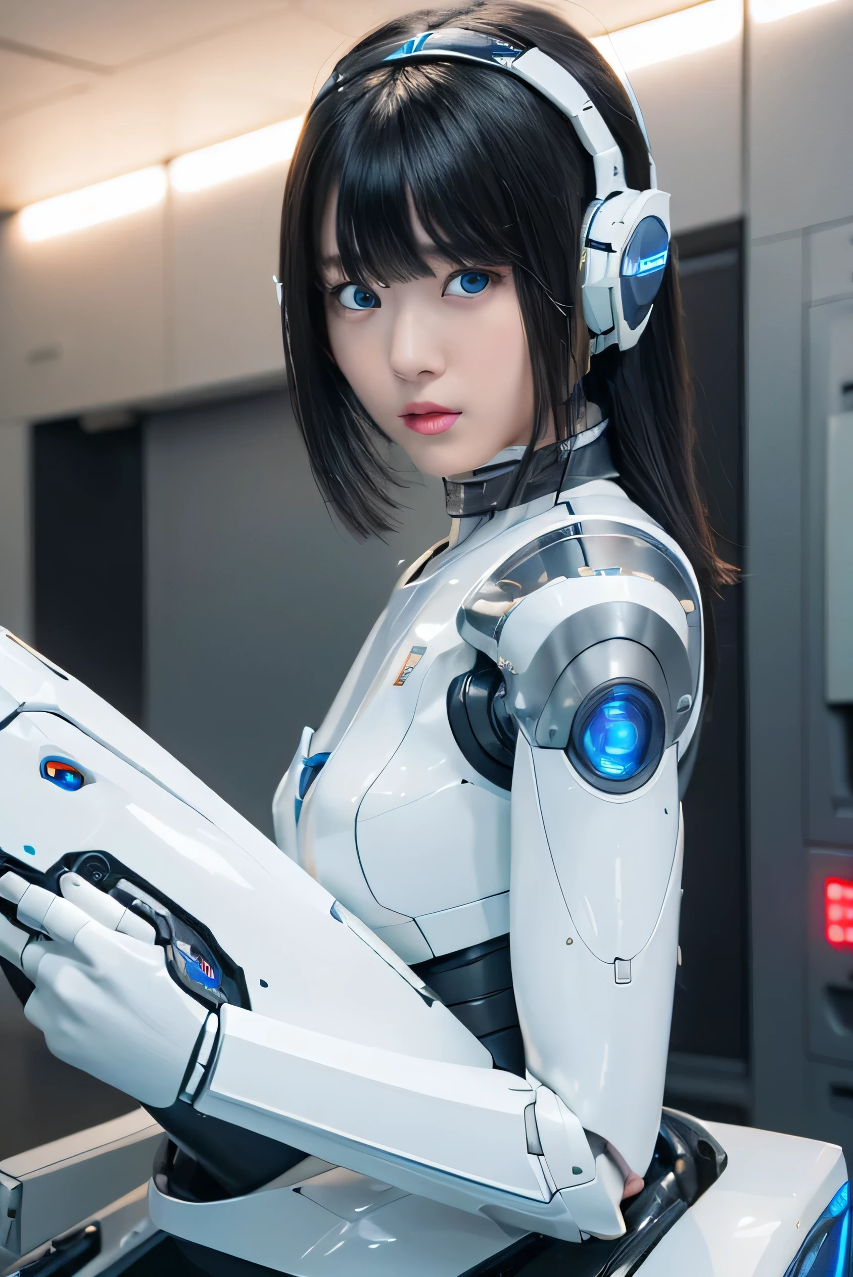 masterpiece, Best Quality, Extremely detailed, 8K portrait,Japaese android girl,s,,control panels,Mechanical Hand, ,Robot arms and legs, Black hair,Mechanical body,Blunt bangs,White Robotics Parts,perfect  ,Charging spot,ceramic body ,perfect mechanical body,white robotics body,blue eyes