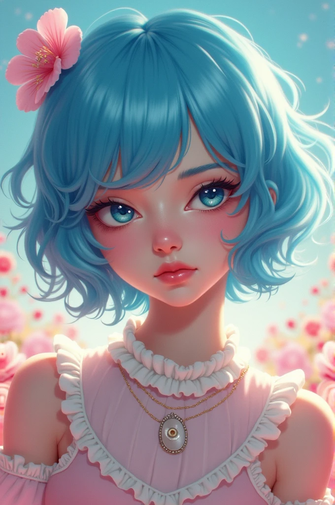 Blue hair girl, pink outfit