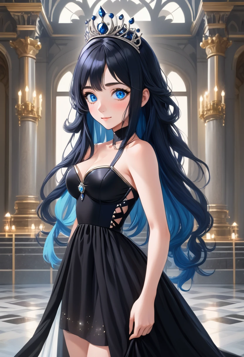 great quality ++ Extremely detailed high resolution, very aesthetic, expressive eyes, (((Perfect face))), (((symmetrical face))), (((Good anatomy)), (((perfect hands))), (((8k)))), UHD, HD Wallpaper, (((high detailed calidra, (((1girl)))), ((((full body)))), (((Noire)))), (((feNoire))), (((long hair))), (((blue hair))), (((blue eyes))), ((((Midnight black dress with bare shoulders that perfectly hugged her slender figure and then descended to a flowing floor-length skirt)))), (((The sweetheart neckline was adorned with sparkling sapphires in harmony with the jeweled tiara))), (((Majestic ballroom Eveninajestic Castle))), (((huge breasts)))), (((Innocent smile))), ((((saluting)))),
