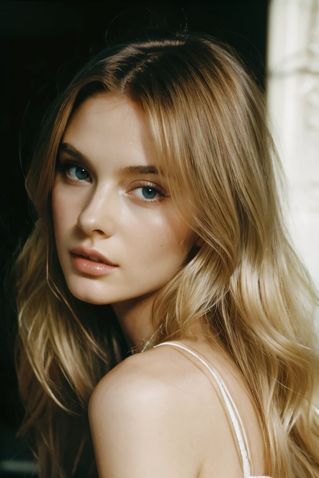 Film still, 1girl, very beautiful supermodel face, dreamy angelic face, y2k, 2000 blowout wavy Hair, 2000 fashion, 2000 makeup, Streaked Hair, pale skin, paris