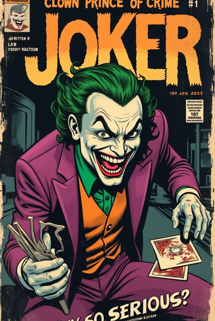 a vintage comic book cover from the 1940s/1950s featuring Joaquin Phoenix's Joker. The Joker should be portrayed with exaggerated, haunting facial expressions, using thick, bold lines and deep shadows, highlighting his chaotic and intense nature. The cover should have an aged, worn texture, with a muted color palette of purples, greens, and reds to evoke a sinister yet retro feel. In the background, show a gritty urban environment, symbolizing Gotham City in turmoil. The Joker should be in a dynamic pose, perhaps laughing maniacally or holding a playing card, embodying his unpredictable and dangerous personality. Add classic comic book elements such as a bold title ('The Joker: Clown Prince of Crime'), a chilling subtitle ('Why So Serious?'), and 'Written by Mateus Miguel' as the author. Include the issue number (#1), a small price (e.g., '10¢'), and a publisher’s logo in the corners. Keep the layout clean but intense, focusing on the Joker’s twisted persona, while maintaining the vintage comic book aesthetic.