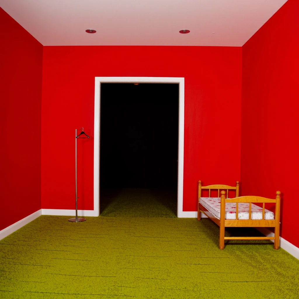 The image is a photograph of a minimalist room with vibrant red walls and a dark, empty space beyond a large, open doorway. The room's floor is covered in a lush, green carpet, which contrasts sharply with the surrounding colors. In the foreground, on the right side of the image, there is a small, wooden-framed bed with a simple, floral-patterned mattress. The bed is positioned against the wall, and it appears slightly askew, adding an element of whimsy to the otherwise stark environment.

To the left of the bed, there is a single, narrow, metal coat rack with a few hangers. The walls are painted a bright, bold red, creating a visually striking contrast with the dark doorway and the black floor beyond.  The ceiling is white, with recessed lighting fixtures that cast a soft glow, illuminating the room and highlighting the vivid colors. vantablack