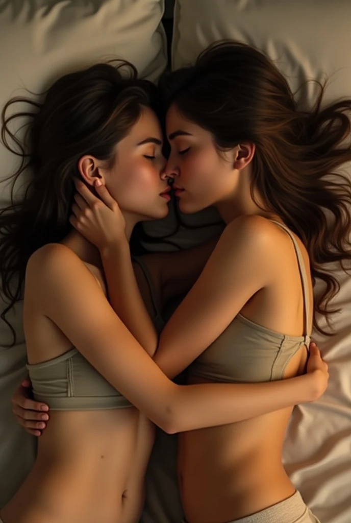 Two oily beautiful women kissing in the bed, brunette, medium size breast