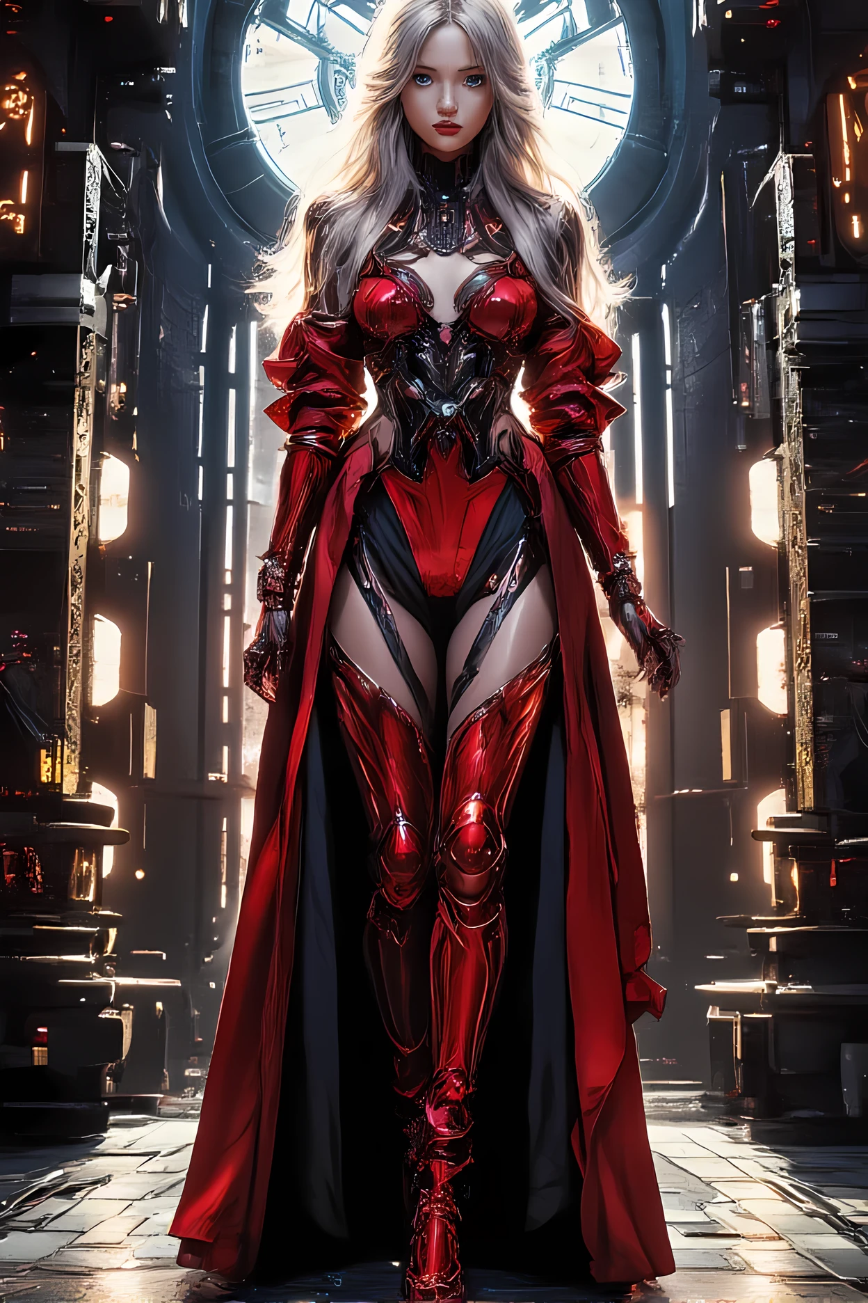 there is a beautiful mech model wearing intricate liquid metal dress, in a cyberpunk fashion catwalk, Best Detailed face, ultra detailed face, full body shot, long hair, wavy hair, dynamic eye color, wearing red liquid metal dress, wearing high heel boots, fantasy art, 16K, (dynamic angle: 1.2), full body, silhouette, cyberpunk fashion show background, Ultra-Wide Angle, retina, UHD, best quality, 16k, highres, high details, NRART, Glowing Runes, metallic