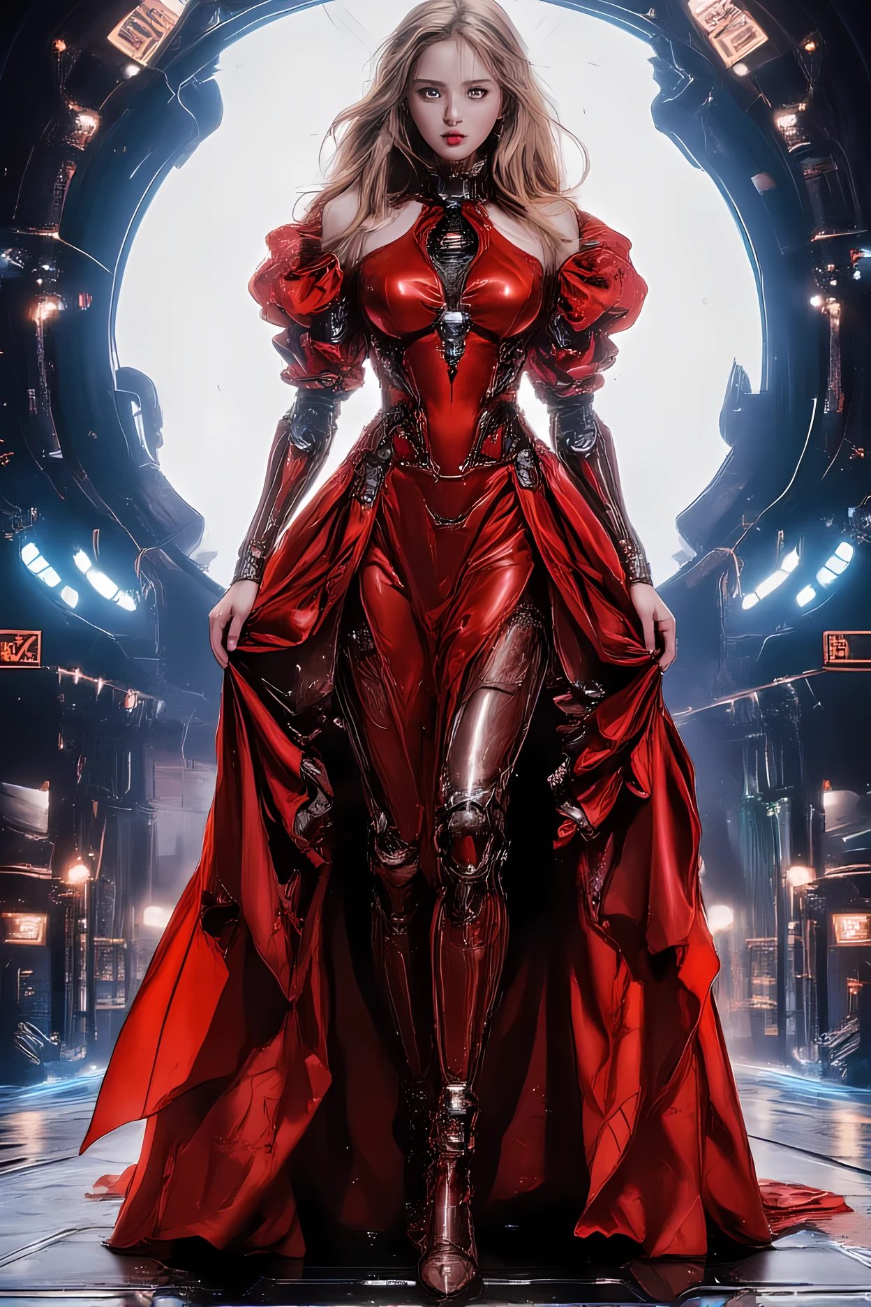 there is a beautiful mech model wearing intricate liquid metal dress, in a cyberpunk fashion catwalk, Best Detailed face, ultra detailed face, full body shot, long hair, wavy hair, dynamic eye color, wearing red liquid metal dress, wearing high heel boots, fantasy art, 16K, (dynamic angle: 1.2), full body, silhouette, cyberpunk fashion show background, Ultra-Wide Angle, retina, UHD, best quality, 16k, highres, high details, NRART, Glowing Runes, metallic