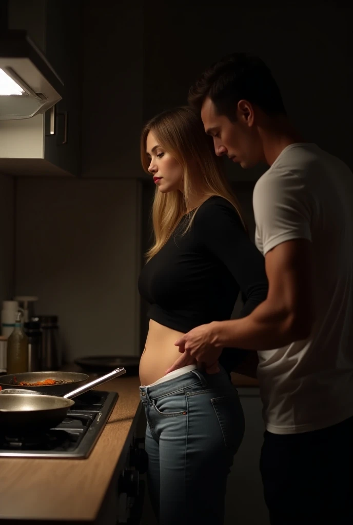 A slim, naked blonde woman sat on the table with her arms around her neck and her legs behind her waist. A tall man in a black t-shirt and black shorts stood raping the woman. In the kitchen, the view from above, dark colors and night