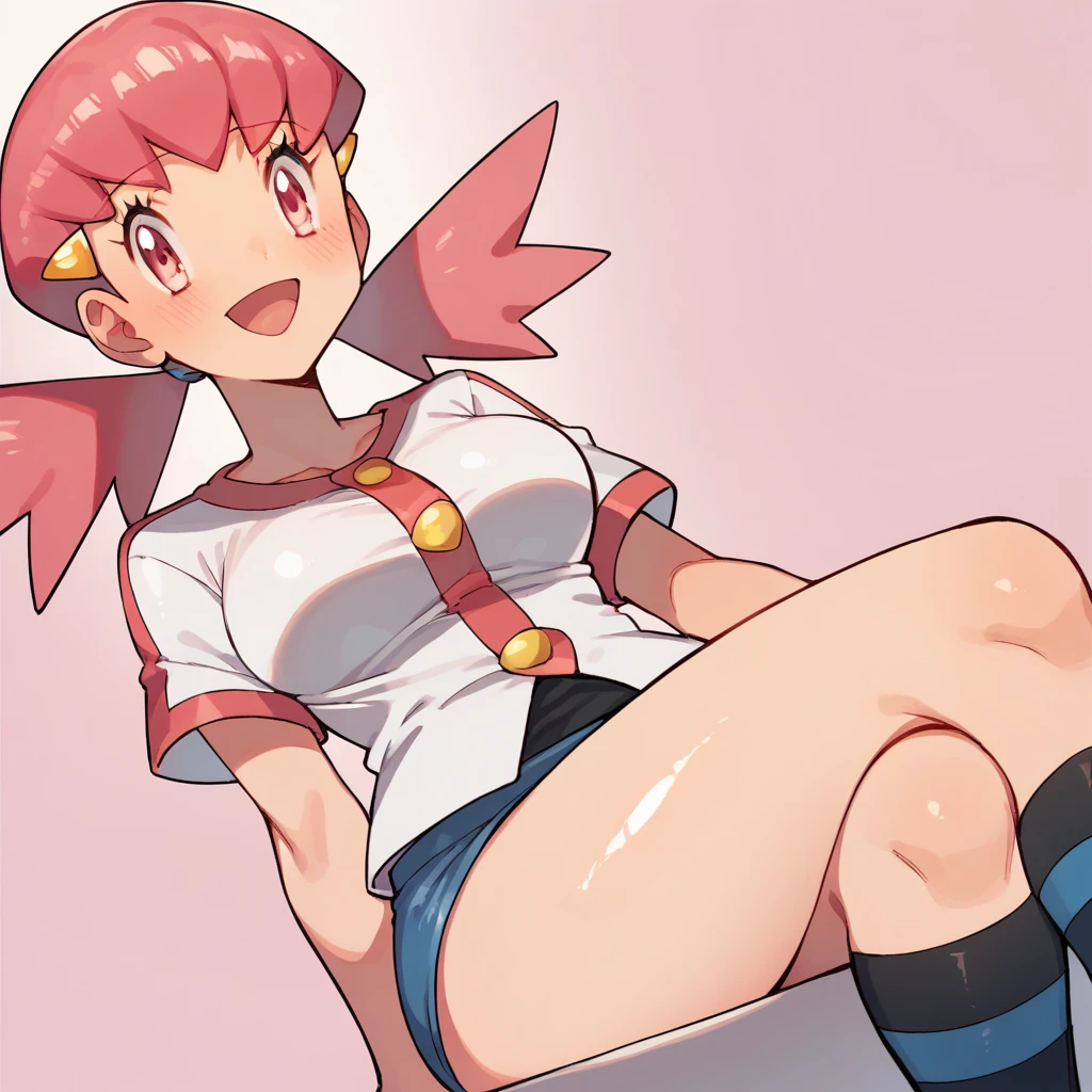 score_9, score_8_up, score_7_up, defwhitney, whitney \(pokemon\), 1girl, arm support, blush, smile, open mouth, breasts, buttons, 3 bottons, crossed legs, eyelashes, hair ornament, hairclip, jacket, long hair, pink eyes, pink hair, short skirt, short sleeves, skirt, denim skirt, sitting, socks, solo, striped clothes, tight skirt, striped socks, twintails, white jacket, tick thighs, oiled thighs, shiny skin, pink background, underwear, white underwear, panties, white panties, perfect crossed legs, perfect legs, perfect thighs, perfect stripes, From Below, Dutch Angle, big thighs, golden beige skin,