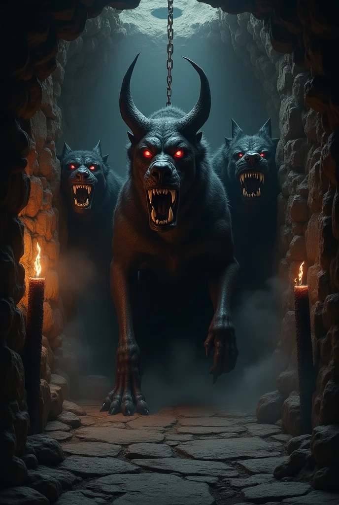 3D animated style image of A devil with twisted horns, large spread wings and flaming eyes, standing in front of a white and brown German shepherd dog. The devil, with a threatening posture, stares at the dog, while the German shepherd stands firm, with an expression of bravery and defiance. The scene is full of tension, with both characters face to face, in a dark and gloomy environment that highlights the contrast between good and evil.