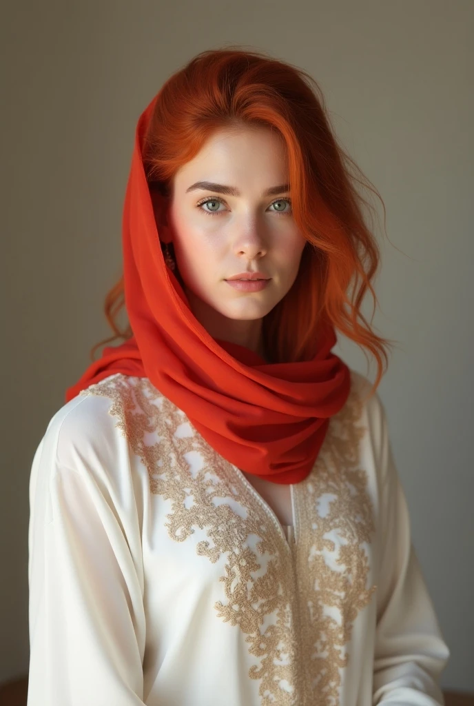 Beautiful girl with pure red color hair and tie red scarf on head and wear whote pakistani dress