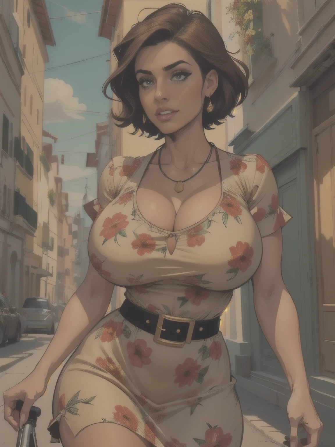 Italian girl , short chocolate hair,  casual floral dress with red cutout, belt and necklace. to hide, big ass, must be a beautiful woman, sexy. Comic style