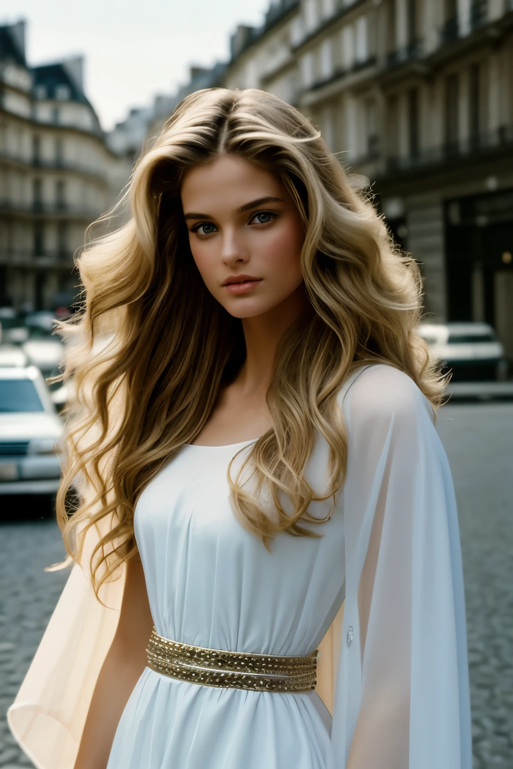 Film still, 1girl, very beautiful supermodel face, dreamy angelic face, y2k, 2000 blowout wavy Hair, 2000 fashion, 2000 makeup, Streaked Hair, pale skin, paris outdoor