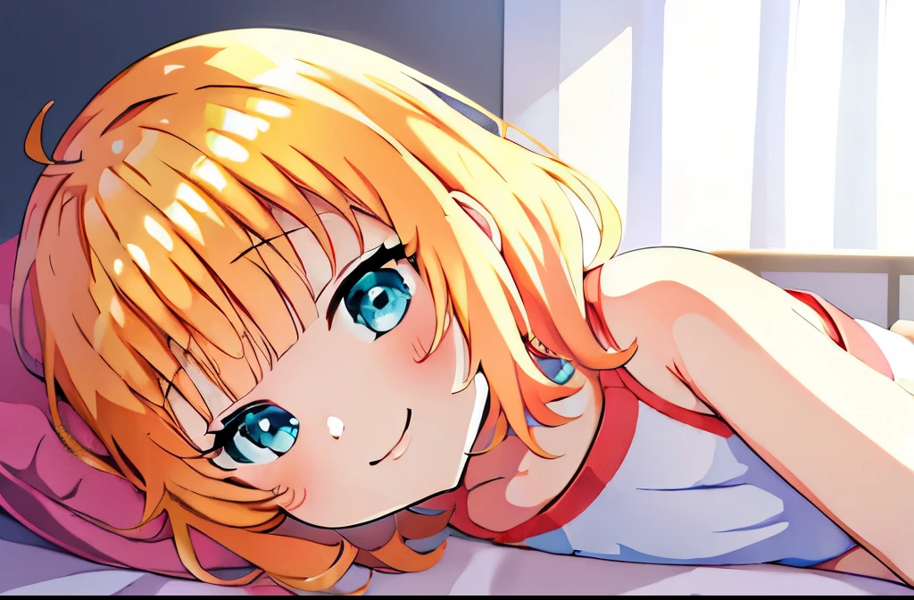 ((masterpiece)), ((best quality)), (ultra-detailed), anime style, on the bed, a cute girl, 1girl, solo, gym shorts00, ((beautiful eyes))0, smile