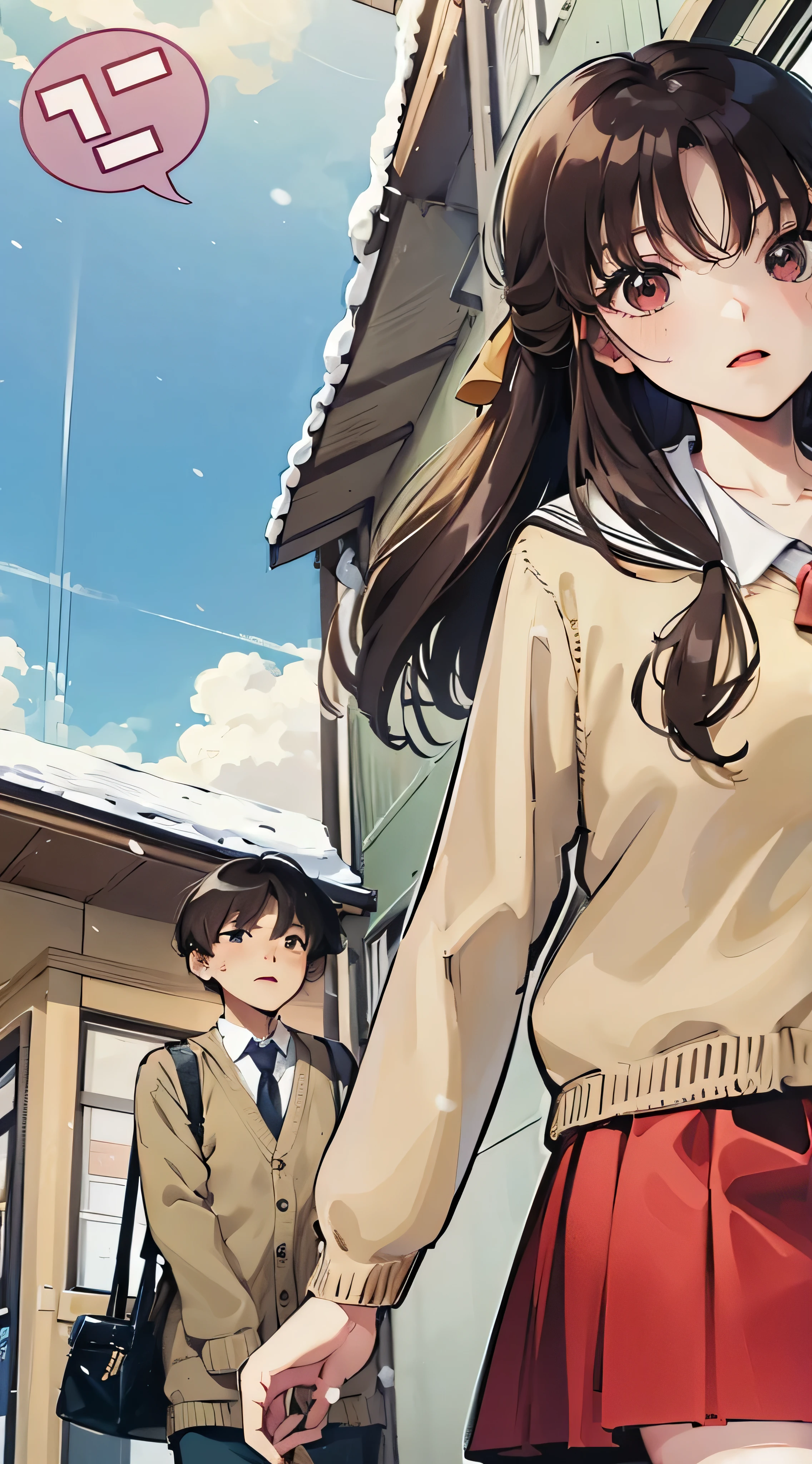 comic storyboard, Nagamori Mizuka is wearing the red skirt and beige cardigan sweater from her school uniform, she is running on her way to school while chatting with her male classmate Orihara Kouhei, the scenario is composed of the town streets painted white by the falling snow