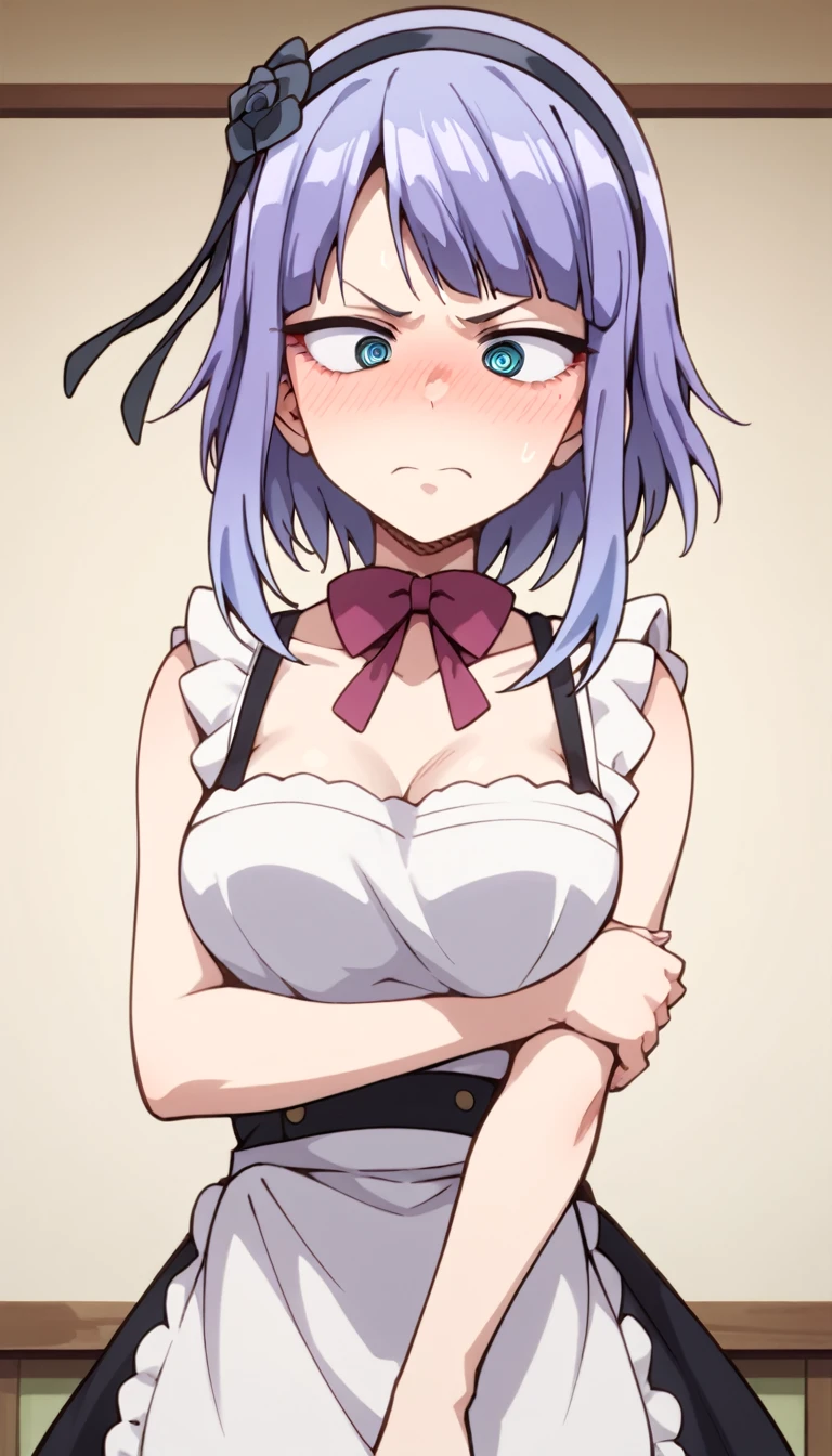 Hotaru Shidare, hotaru shidare, short hair, blue eyes, hair ornament, purple hair, flower, hairband, hair flower, ringed eyes, Breasts, red face, Suspender Naked Apron, embarrassed, BlushySpicy