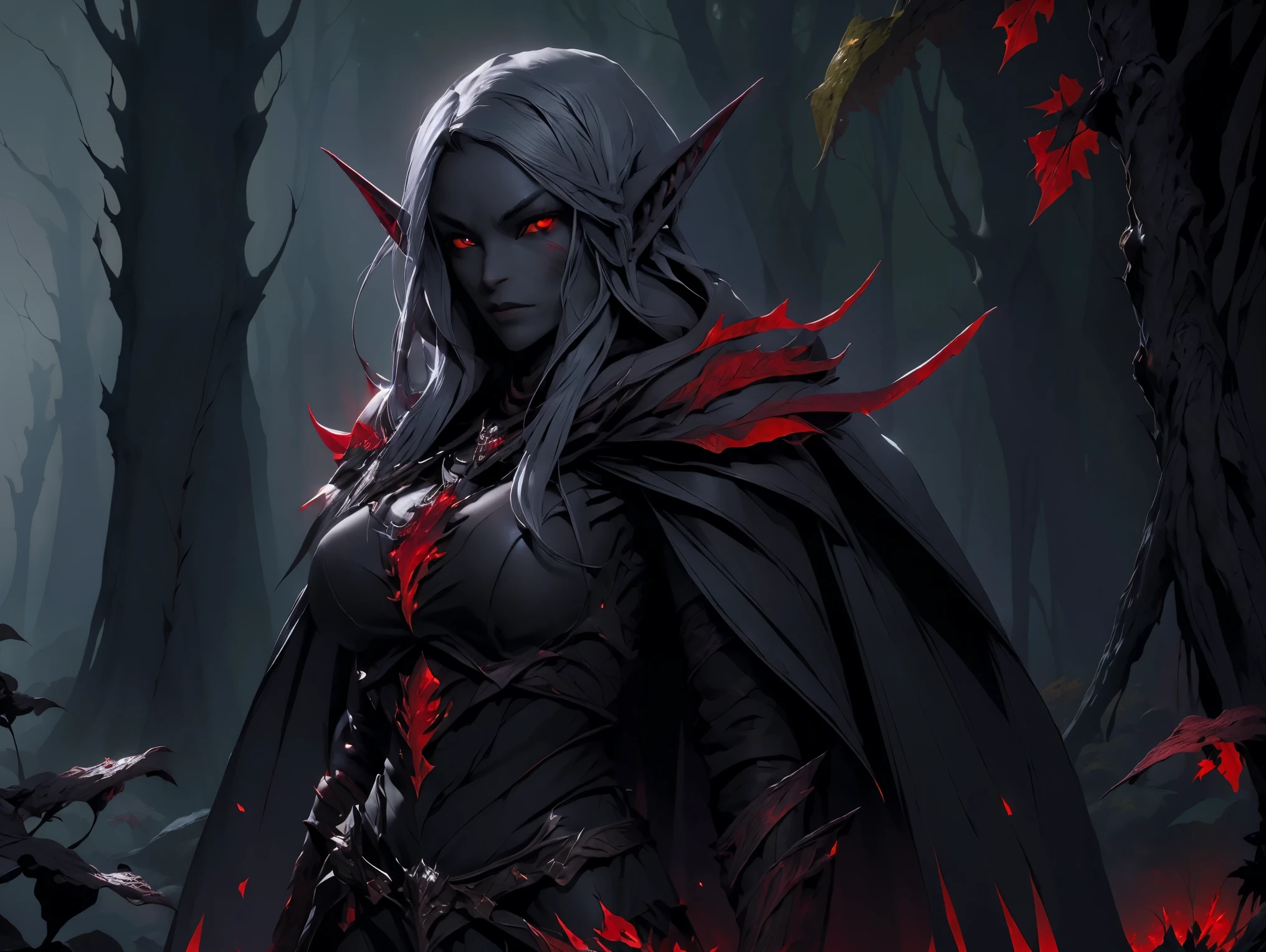 (Masterpiece, highest quality, Best Quality, Beautiful and aesthetic:1.2), upper body, Drow female with long hair, (pointy ears:1.4), hood up, (gray skin:1.3), (red eyes:1.4), (dark elf:1.5), wearing a hooded cape and belt, detailed armor with lava fire texture, looking at the viewer, bright glowing eyes, lipstick, perfect anatomy, (dark forest background with large leaves:1.3), art by Greg Rutkowski, trending on Artstation, dynamic lighting