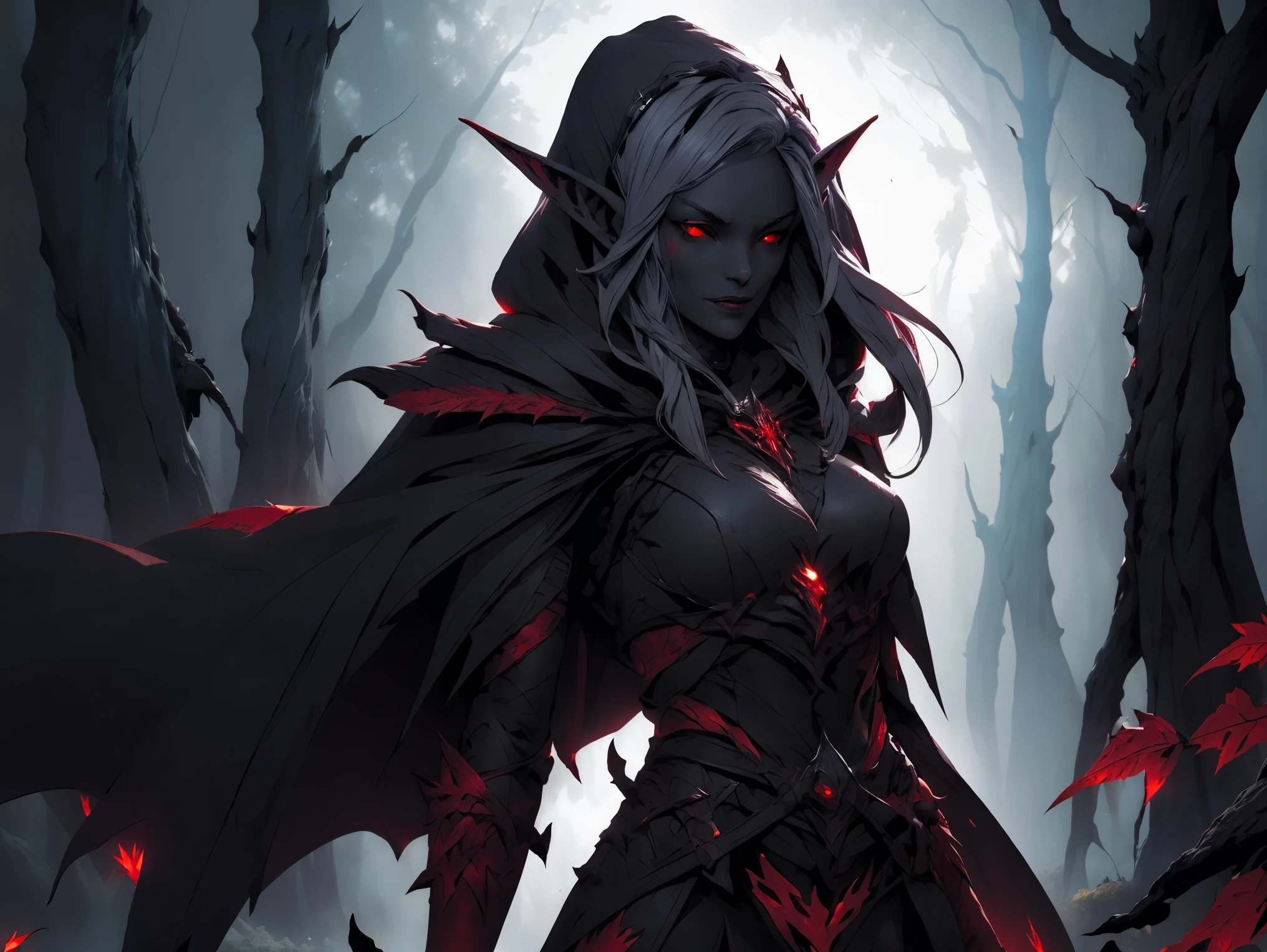 (Masterpiece, highest quality, Best Quality, Beautiful and aesthetic:1.2), upper body, Drow female with long hair, (pointy ears:1.4), hood up, (gray skin:1.3), (red eyes:1.4), (dark elf:1.5), wearing a hooded cape and belt, detailed armor with lava fire texture, looking at the viewer, bright glowing eyes, lipstick, perfect anatomy, (dark forest background with large leaves:1.3), art by Greg Rutkowski, trending on Artstation, dynamic lighting