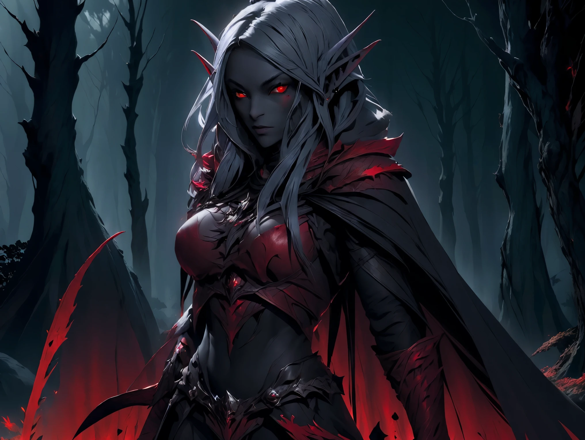 (Masterpiece, highest quality, Best Quality, Beautiful and aesthetic:1.2), upper body, Drow female with long hair, (pointy ears:1.4), hood up, (gray skin:1.3), (red eyes:1.4), (dark elf:1.5), wearing a hooded cape and belt, detailed armor with lava fire texture, looking at the viewer, bright glowing eyes, lipstick, perfect anatomy, (dark forest background with large leaves:1.3), art by Greg Rutkowski, trending on Artstation, dynamic lighting