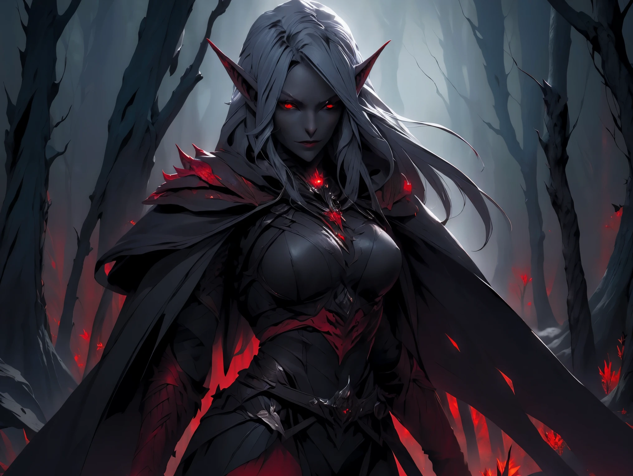 (Masterpiece, highest quality, Best Quality, Beautiful and aesthetic:1.2), upper body, Drow female with long hair, (pointy ears:1.4), hood up, (gray skin:1.3), (red eyes:1.4), (dark elf:1.5), wearing a hooded cape and belt, detailed armor with lava fire texture, looking at the viewer, bright glowing eyes, lipstick, perfect anatomy, (dark forest background with large leaves:1.3), art by Greg Rutkowski, trending on Artstation, dynamic lighting