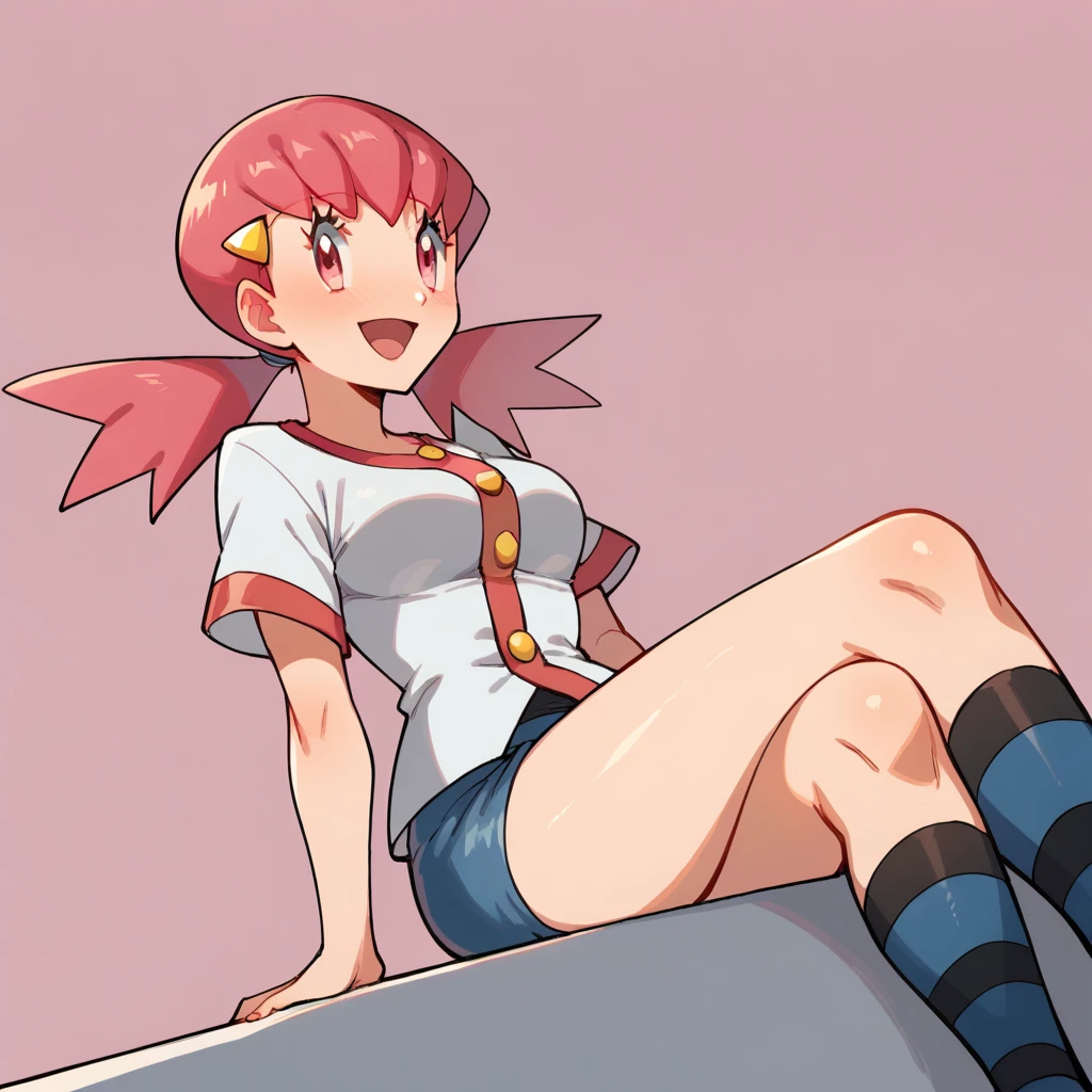 score_9, score_8_up, score_7_up, defwhitney, whitney \(pokemon\), 1girl, arm support, blush, smile, open mouth, breasts, buttons, 3 bottons, crossed legs, eyelashes, hair ornament, hairclip, jacket, long hair, pink eyes, pink hair, short skirt, short sleeves, skirt, denim skirt, sitting, socks, solo, striped clothes, tight skirt, striped socks, twintails, white jacket, tick thighs, oiled thighs, shiny skin, pink background, underwear, white underwear, panties, white panties, perfect crossed legs, perfect legs, perfect thighs, perfect stripes, From Below, Dutch Angle, big thighs, golden beige skin, left leg crossed,