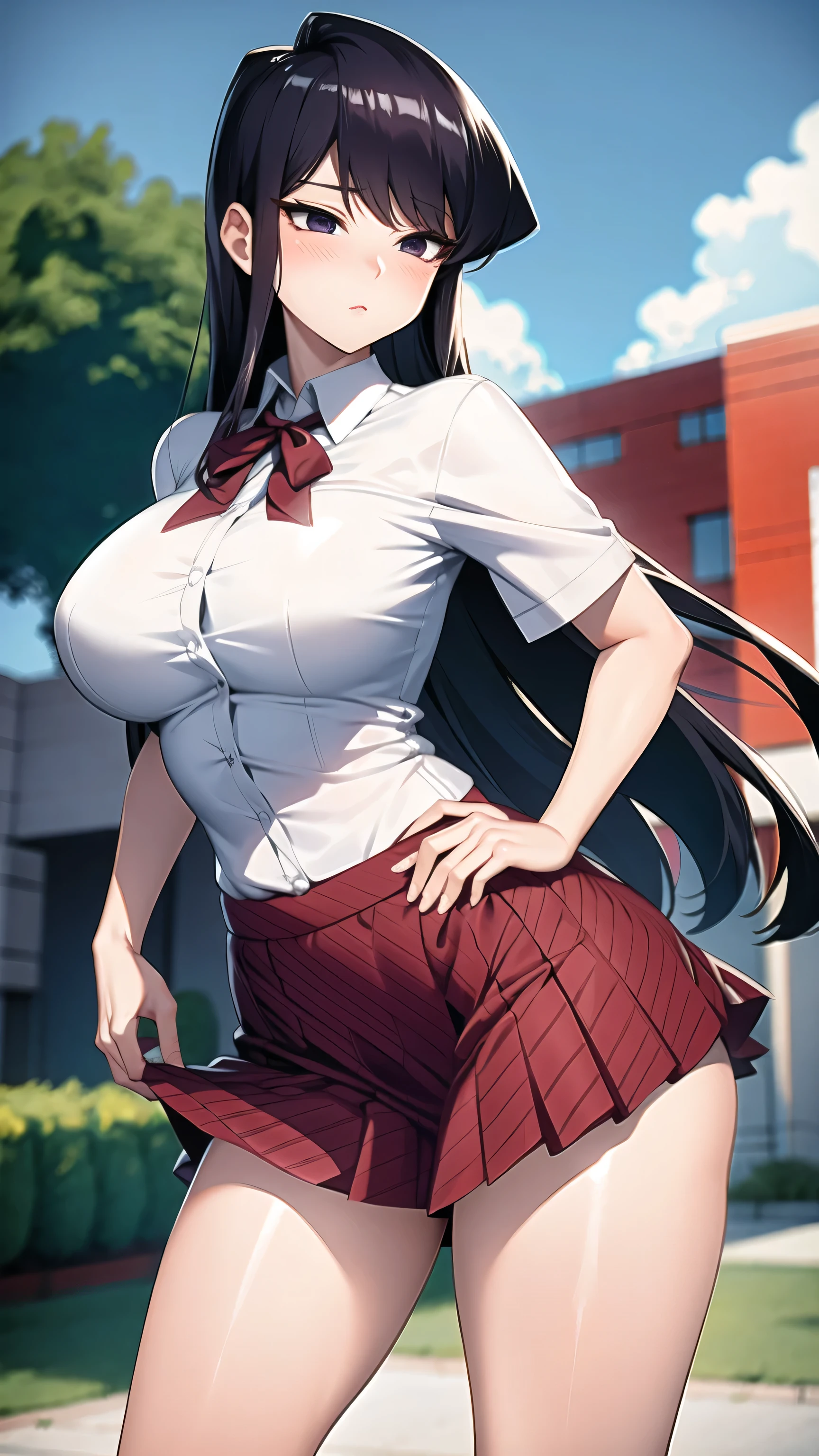 High school girl Komi Shouko in white blouse and green checked skirt, long untied purple hair, pinched eyes, long eyelashes, well-styled and fairly large breasts, white underwear showing skirt flipped up, pose emphasizing large breasts, naughty large breasts, naughty anime style, beautiful anime high school girl, surreal high school girl student, surrealistic high school girl, enchanting anime girl, realistic high school girl, big breasts emphasized, naughty anime style, naughty thighs, naughty thighs, smooth anime cg art, surrealistic high school girl, super realistic high school girl, enchanting anime girl, realistic high school girl, smooth anime cg art, anime girls, beautiful anime high school girls, beautiful anime girls, beautiful attractive anime teen, naughty anime style, photorealistic anime girls rendering