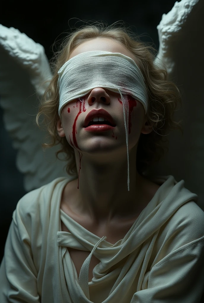 a suffering angel with blindfold, extremely detailed, Polish color scheme of white and red, photorealistic, intricate, baroque, dramatic lighting, melancholic, divine beauty, celestial, heavenly, ethereal, transcendent, mystical, divine intervention, ominous, harrowing, sorrowful, forlorn, exquisite, masterpiece, best quality, 8k, hyperrealistic, cinematic , gruselig, düster, gothic style  