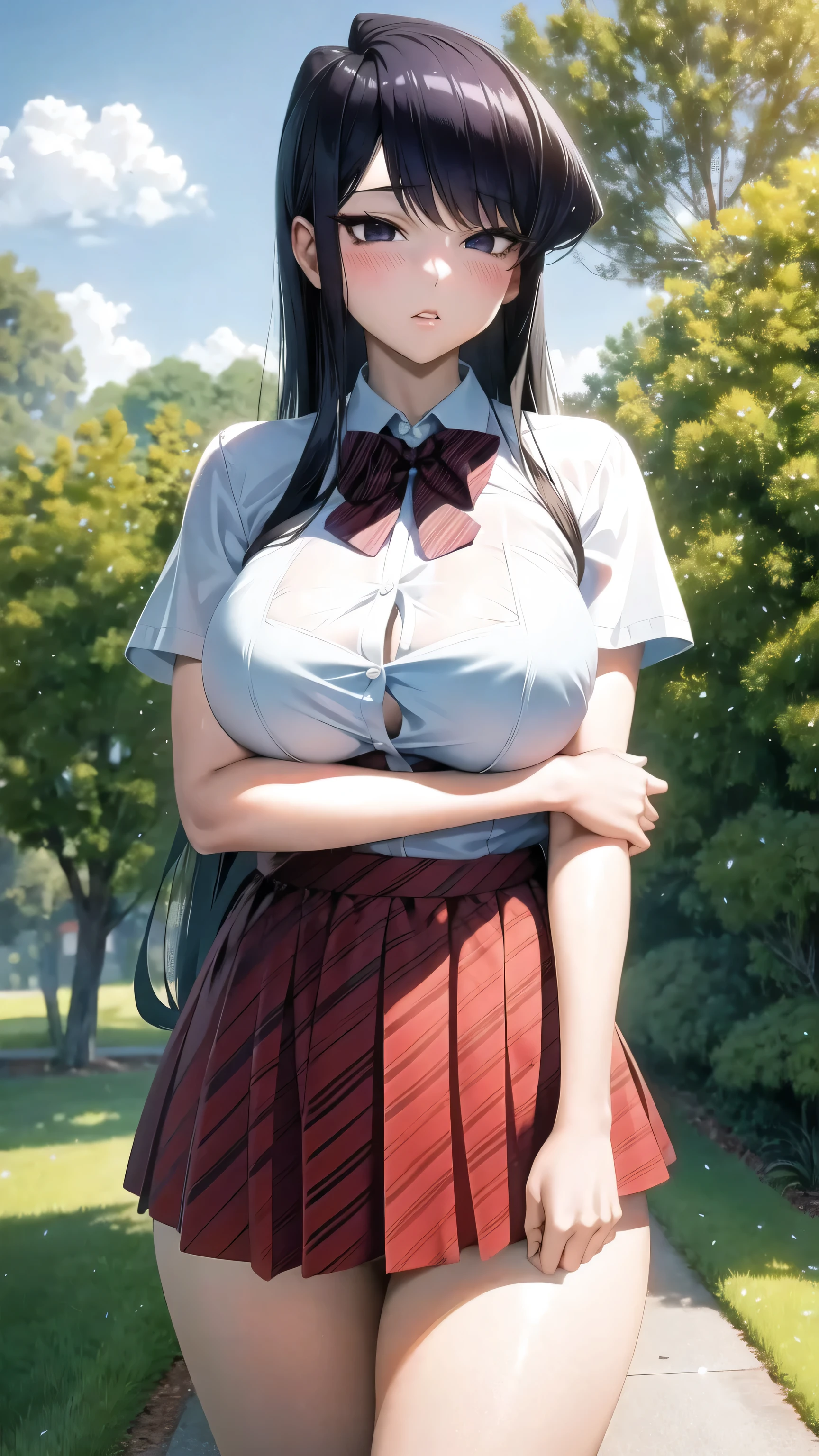 very cute and beautiful girl,(highly detailed beautiful face),(smile),blush, cowboy shot,  BREAK standing, (skirt lift:1.3), show off panties, panties pull, (white panties), hair ribbon, black hair, black dress, (school uniform), (shuuchiin academy school uniform), long sleeves, armband, ribbon, (red ribbon, neckband), BREAK flower garden, narrow stone pathway, shrubbery, distant trees, (best quality,masterpiece:1.0), absurdres, highres, ultra-detailed, extremely detailed,32k,8k resolution, intricate details, cinematic scene, detailed background, solo, dynamic angle,(open shirt:1.8),(show off nipples:1.6), (exposing bare breasts:1.3), (exposed chest:1.3), (no bra:1.3),(very flat chest1.6),(very short miniskirt1.6),belly button