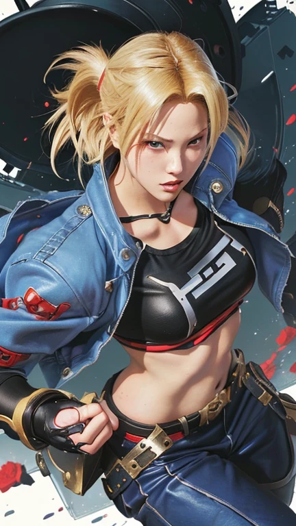 1girl, solo, young woman, liliclassictekken, long hair, blonde hair, (cowboy shot), eyeliner, makeup, lips, blue eyes, jean, realistic, corset, black gloves fingerless, frilled, eyeshadown, blunt bang,  <lora:shinkiro:0.8> , <lora:LiliSFTekkenLoRA-07:1>, <lora:add_detail:0.7>