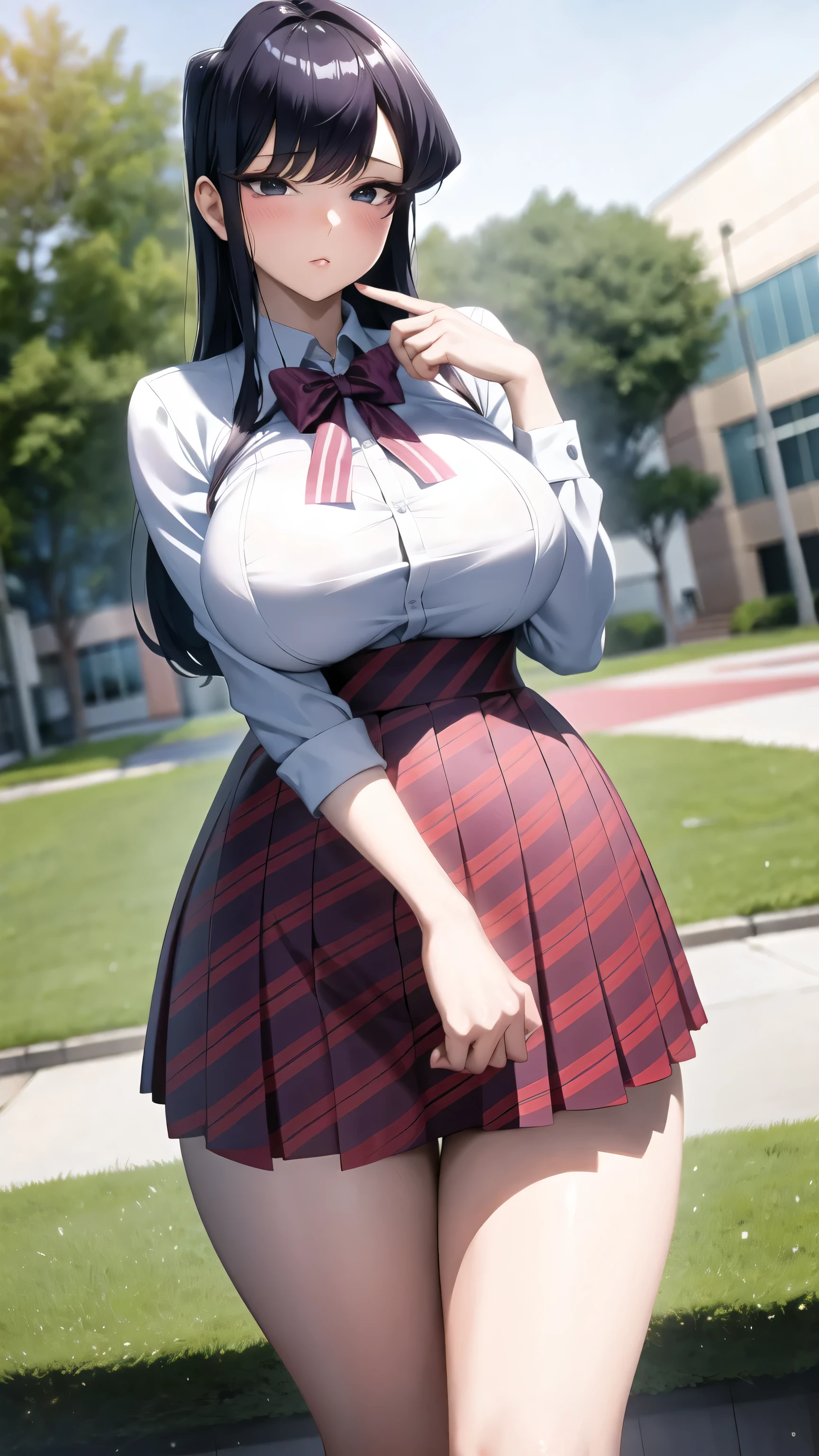 High school girl Komi Shouko in white blouse and green checked skirt, long untied purple hair, pinched eyes, long eyelashes, well-styled and fairly large breasts, white underwear showing skirt flipped up, pose emphasizing large breasts, naughty large breasts, naughty anime style, beautiful anime high school girl, surreal high school girl student, surrealistic high school girl, enchanting anime girl, realistic high school girl, big breasts emphasized, naughty anime style, naughty thighs, naughty thighs, smooth anime cg art, surrealistic high school girl, super realistic high school girl, enchanting anime girl, realistic high school girl, smooth anime cg art, anime girls, beautiful anime high school girls, beautiful anime girls, beautiful attractive anime , naughty anime style, photorealistic anime girls rendering