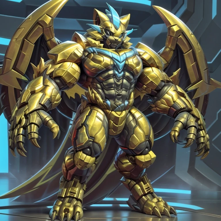 (zeraora, 8K), (zeraora's giant robot, Powered exoskeleton with the same design as zeraora), (Masterpiece, highres) (Detailed head, Detailed Body, Detailed abs, full body) (gigantic muscles, Gigachad Muscular, big muscle, pecs, triceps, traps, unusually developed muscular body, body full of huge muscles. showing off muscles, pectorales enormes, Exaggeratedly huge muscles.) (nj5furry, The claws are sharp, Sharp teeth, sharp claws), (long legs), (Spread wings, It has wings, have big wings, golden wings), (It has wings, whole body shines like metal, Wearing cyberpunk mecha, emphasizes the muscles, suit fully made of metal, intricate armor, Robotic suit, suit fully made of metal, cyborg. golden armor), (golden hyper penis), menacing pose, no face. wearing a full-face helmet. 