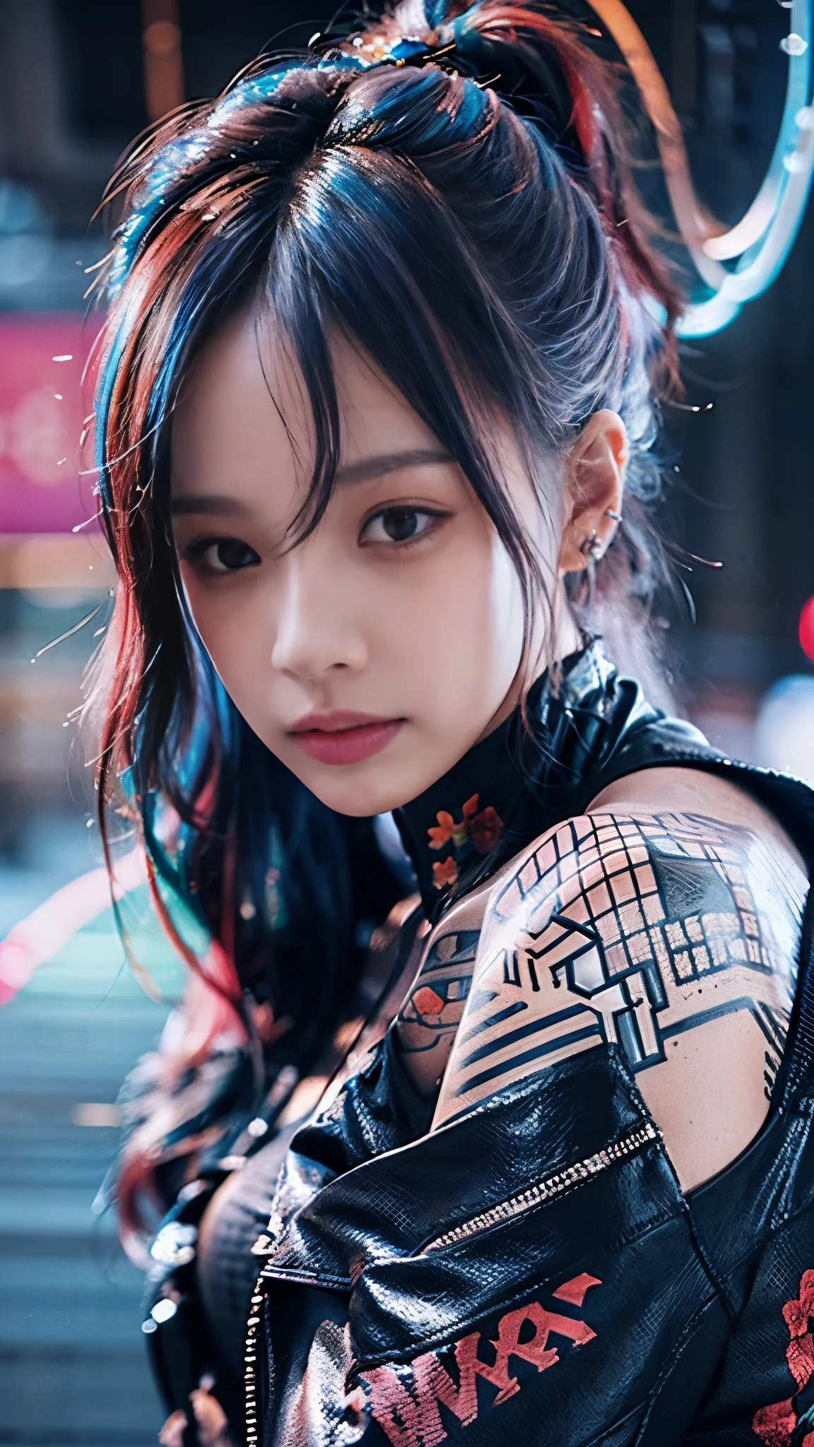 ((1girl in)),Girl in fancy streetwear, neotokyo, Centered| Convoluted| Highly detailed| Breathtaking beauty| precise lineart| Vibrant| comprehensive cinematic| Carne Griffiths| Conrad Roset, 8K, Cinematic lighting, rainy, Best Quality, hight resolution, blue open sky, (the most beautiful portrait in the world:1.5),(The tattoo),((Random Poses)),((Fancy hair color)),(surprised expression),(A sexy),((luslous skin)),Angle from above,Big piercings,Bright hair color