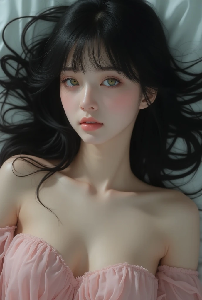 (master part, best qualityer), beautiful girl, snow white, lying, (detailed beautiful eyes) Medium body shot, short black hair, Red loop, breasts big, neckleace, White-panties, ultra detailed blue eyes,