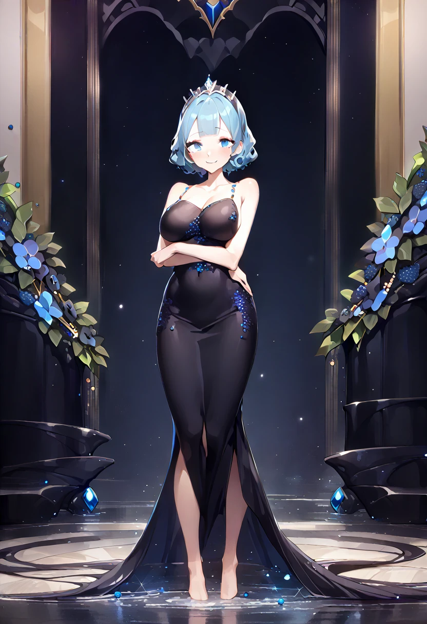 great quality ++ Extremely detailed high resolution, very aesthetic, expressive eyes, (((Perfect face))), (((symmetrical face))), (((Good anatomy)), (((perfect hands))), (((8k)))), UHD, HD Wallpaper, (((high detailed calidra, (((1girl)))), ((((full body)))), (((Noire)))), (((feNoire))), (((short hair))), (((blue hair))), (((blue eyes))), ((((Midnight black dress with bare shoulders that perfectly hugged her slender figure and then descended to a flowing floor-length skirt)))), (((The sweetheart neckline was adorned with sparkling sapphires in harmony with the jeweled tiara))), (((Majestic ballroom Eveninajestic Castle))), (((huge breasts)))), (((Innocent smile))), ((((saluting)))),
