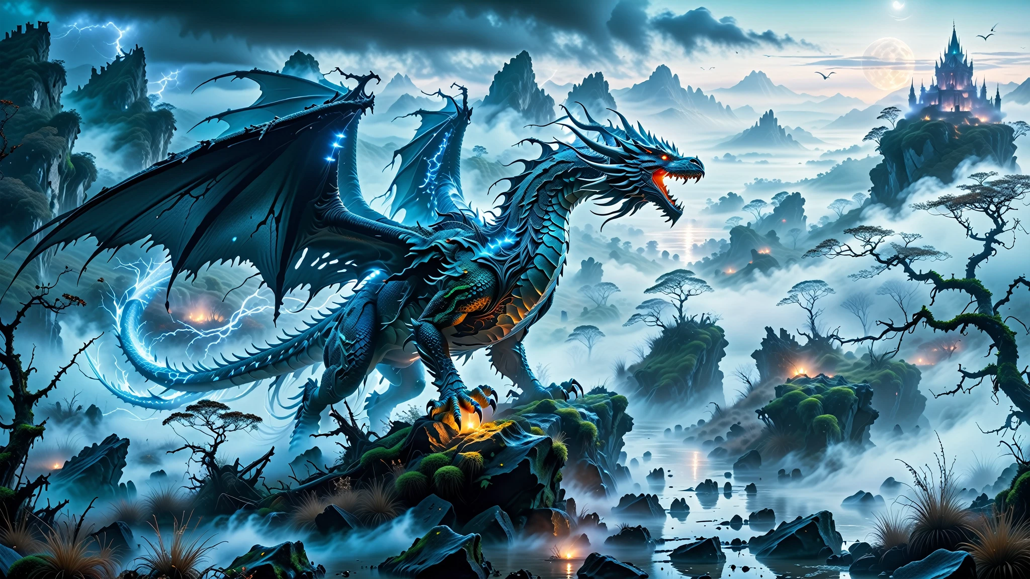 ﻿A Masterpiece In 32K Resolution, Supreme Quality, Super Detail, Official Art, Very High-Resolution 32K Wallpaper. Mysterious And Ethereal, Ultra-Detailed Features. A Majestic Wyvern With Luminescent Scales Glides Through The Fog, Its Form Flickering In And Out Of View, Creating A Haunting Contrast Against The Murky Swamps, Embodying The Spirit Of Enigmatic Realm. Endless Seas Of Fog-Covered Hills And Craggy Cliffs Stretch Across The Horizon, Drenched In Silvery Moonlight. Eerie Ruins With Towering Spires Loom In The Distance, Their Stones Glistening With Dew. Twisted Trees And Marshlands Form A Misty, Ghostly Landscape Where The Silence Is Broken Only By Distant Echoes.