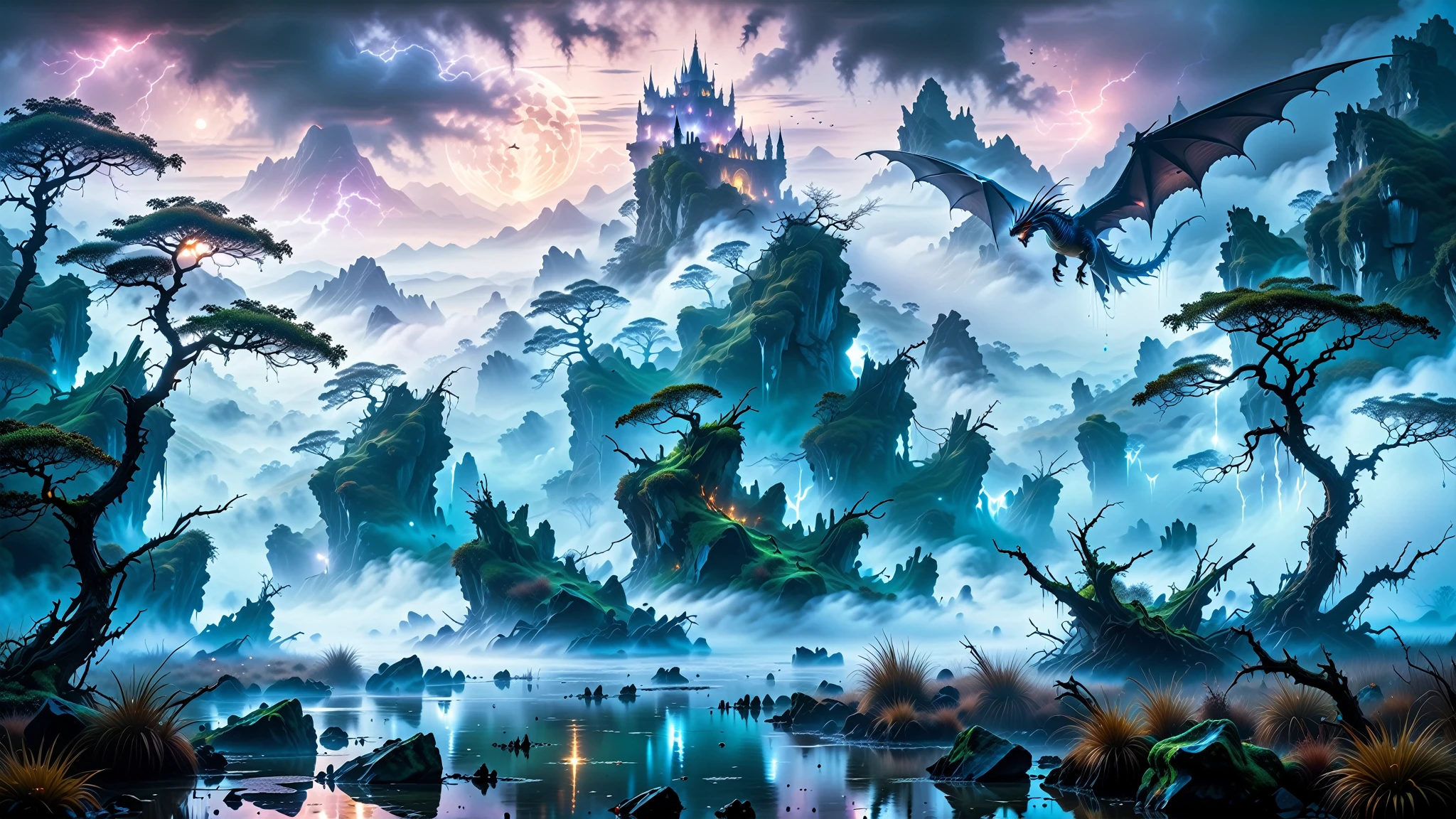 ﻿A Masterpiece In 32K Resolution, Supreme Quality, Super Detail, Official Art, Very High-Resolution 32K Wallpaper. Mysterious And Ethereal, Ultra-Detailed Features. A Majestic Wyvern With Luminescent Scales Glides Through The Fog, Its Form Flickering In And Out Of View, Creating A Haunting Contrast Against The Murky Swamps, Embodying The Spirit Of Enigmatic Realm. Endless Seas Of Fog-Covered Hills And Craggy Cliffs Stretch Across The Horizon, Drenched In Silvery Moonlight. Eerie Ruins With Towering Spires Loom In The Distance, Their Stones Glistening With Dew. Twisted Trees And Marshlands Form A Misty, Ghostly Landscape Where The Silence Is Broken Only By Distant Echoes.