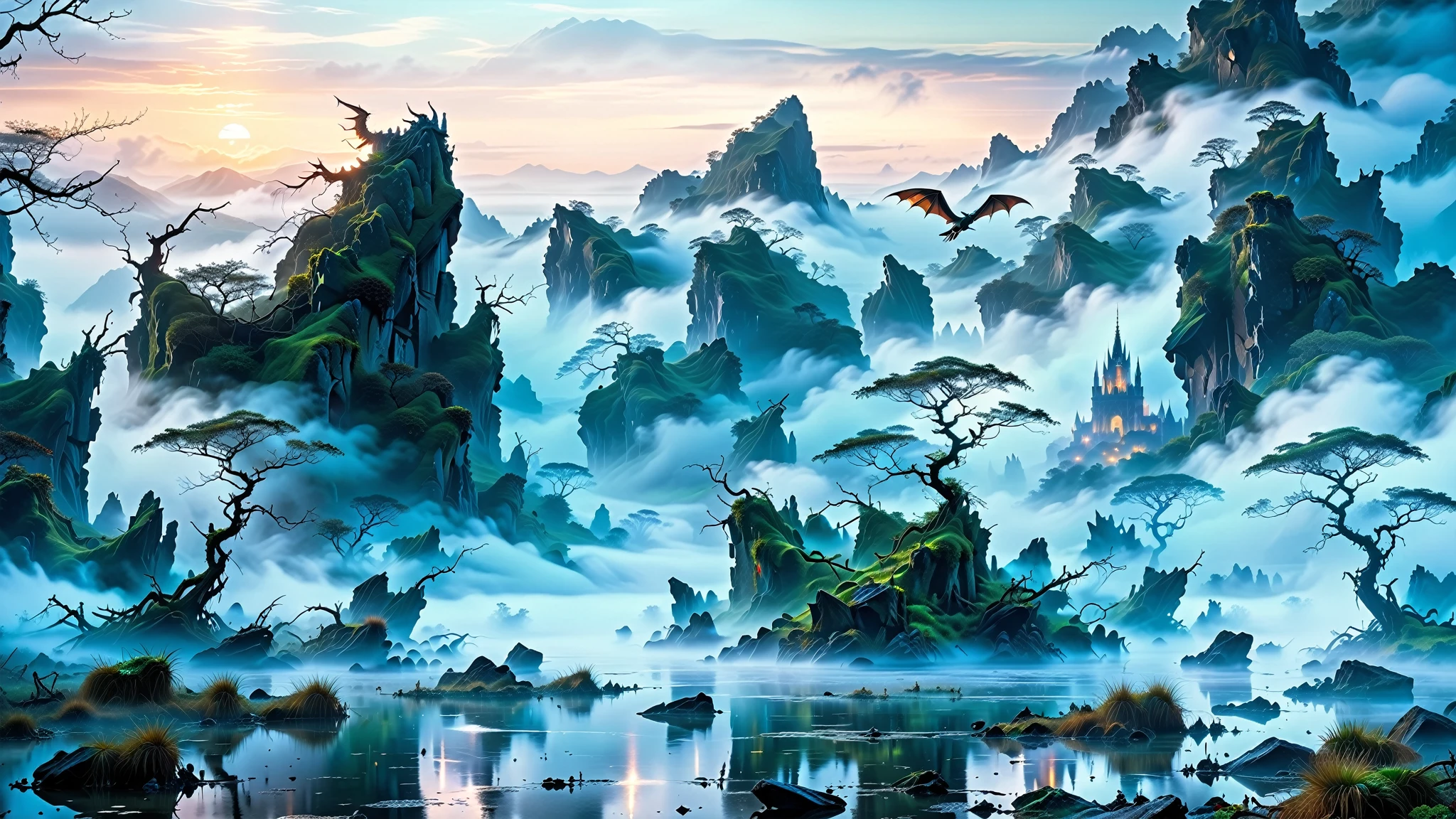 ﻿A Masterpiece In 32K Resolution, Supreme Quality, Super Detail, Official Art, Very High-Resolution 32K Wallpaper. Mysterious And Ethereal, Ultra-Detailed Features. A Majestic Wyvern With Luminescent Scales Glides Through The Fog, Its Form Flickering In And Out Of View, Creating A Haunting Contrast Against The Murky Swamps, Embodying The Spirit Of Enigmatic Realm. Endless Seas Of Fog-Covered Hills And Craggy Cliffs Stretch Across The Horizon, Drenched In Silvery Moonlight. Eerie Ruins With Towering Spires Loom In The Distance, Their Stones Glistening With Dew. Twisted Trees And Marshlands Form A Misty, Ghostly Landscape Where The Silence Is Broken Only By Distant Echoes.