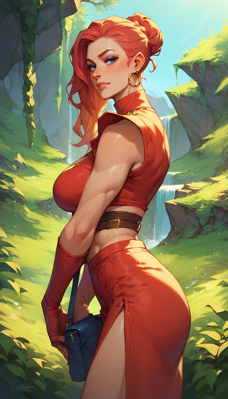 A medium breasted redhead holding a sword behind her back, wide hips, thin waist, beautiful full red lips, lush wavy hair, long torpedo shaped tits, brown pants, loose fantasy white shirt