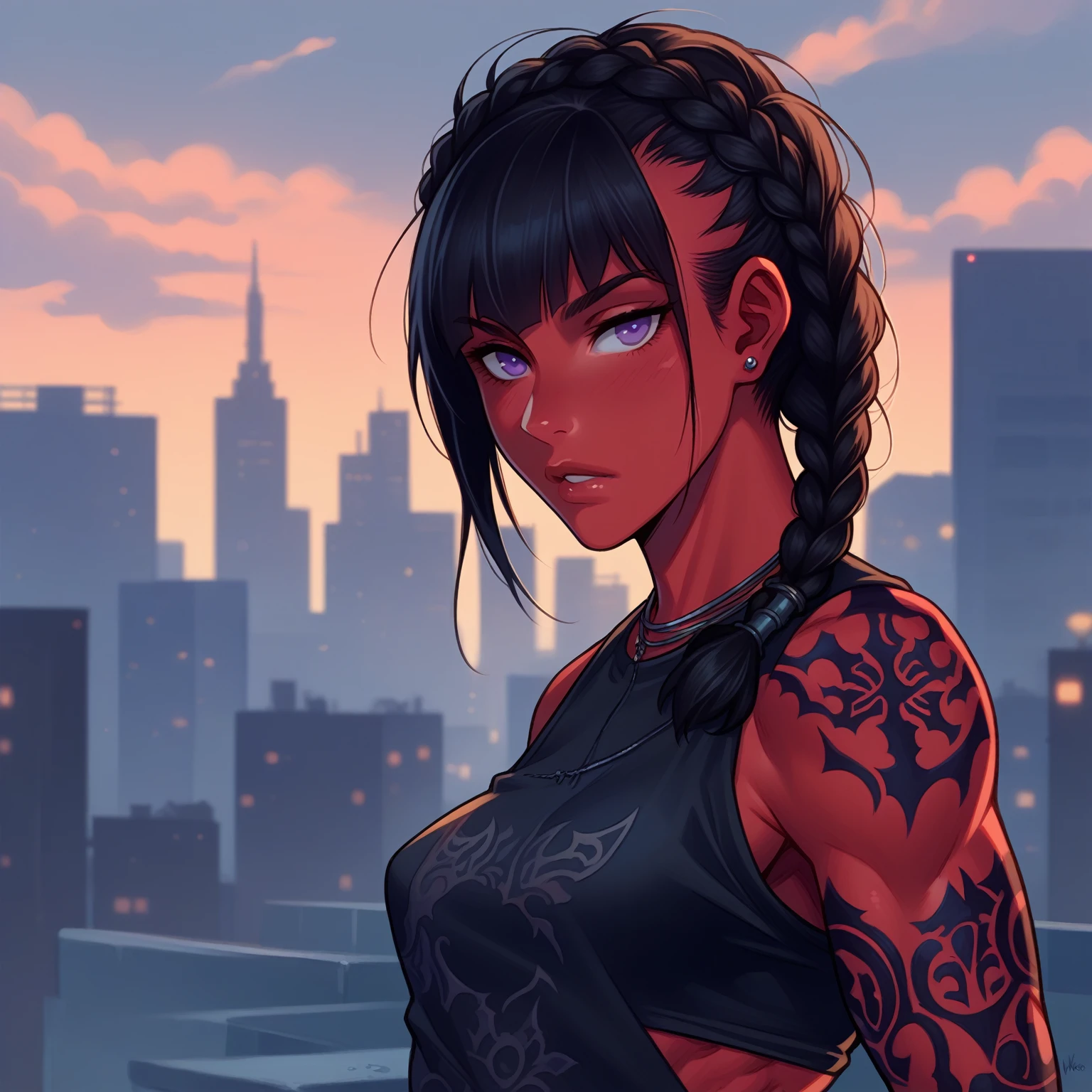 young woman with red skin, black hair styled in a braided bob, African braid, and purple eyes, wearing streetwear. She has visible street tattoos on her muscular , fitness girl,Andy Singer  Drawing , city in background, by ilya kuvshinov, greg rutkowski and makoto shinkai, nier trending on artstation