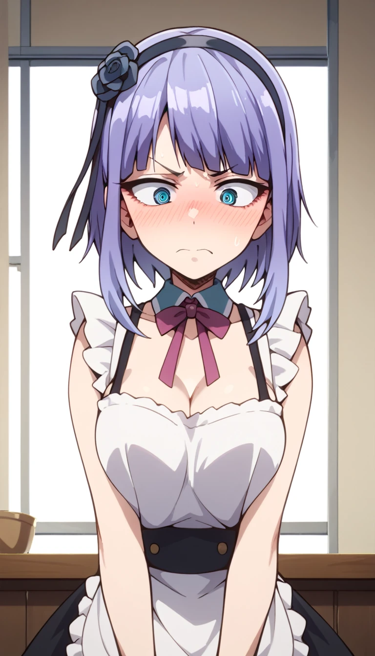 最high quality, high quality, Super detailed, 32k, Ultra-detailed details, (only, pretty girl, beautiful purple hair, Beautiful purple eyes, Big Breasts, A light smile, Red eyes, Off-the-shoulder sleeveless Summer clothes, Summer casual maid clothes, Short skirt, Blue and white color striped underwear, Black knee socks, My crotch is wet with love juice, 18-year-old,cute), {{A succubus strips off the face and clothes of a murdered maid and engages in intense vaginal sex with her master, bouncing her breasts.}}, She has transformed from a shy maid into a lewd one., 妹の顔を貼り付けた顔で体を激しくピストンしてるメイド, 胸がバウンドしてもかまうことなく激しく体を動かすメイド, ((She straddles a sleeping man and has intense vaginal sex:1.5)), Cowgirl Sex,  NSFW