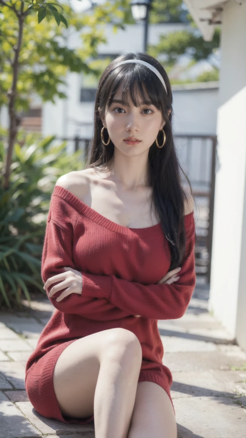 hight resolution、​masterpiece、1girl in、Bjorf、A dark-haired、long hair with long locks、white hairband、Look up、Kamimei、bending forward、Bring your face closer、Red Eyes、Gold Earrings、Jewelry、off shoulders、Red Sweater、long-sleeve, ((look at viewer)), Big breast:2.0, open shoulder, (pale skin:1.2), (skinny legs, slim body), ((Height 165cm)), (crossed arms)