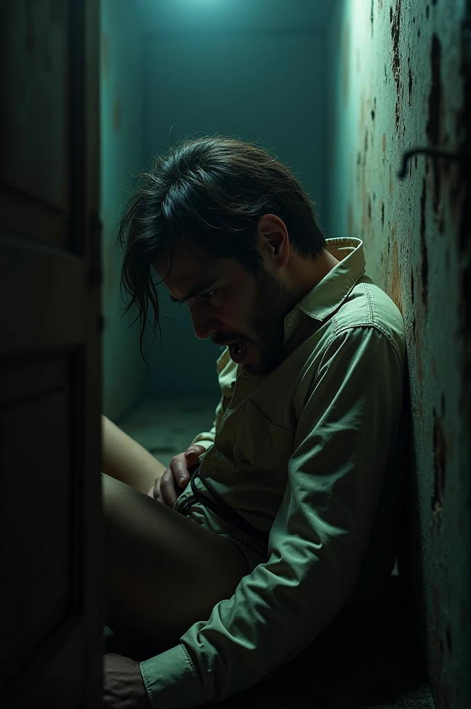Lucifer shirtless in bathroom crying in pain as my scars in back red burning