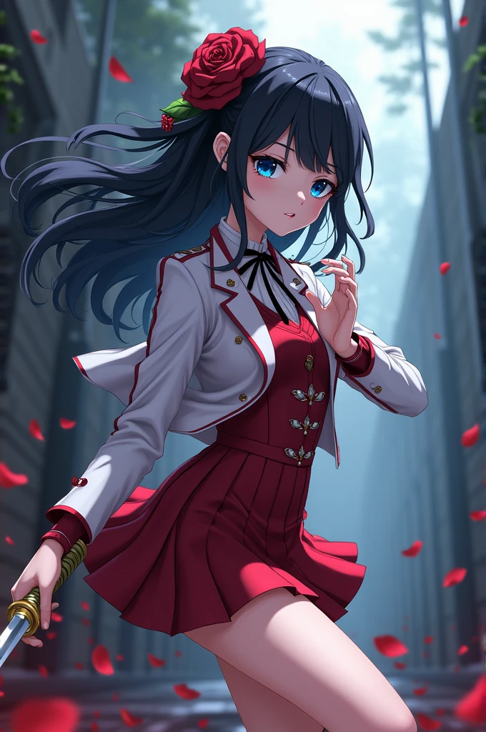 masterpiece, ultra high quality CG, best quality, perfect picture, 1girl, solo, Laura S. Arseid (long dark blue hair, ponytail and side Bang, small boobs), lifting her skirt and showing off her panties, embarrassed red sleeveless jacket, green skirt, thigh-high boots, in a classroom, heat, summer, trees