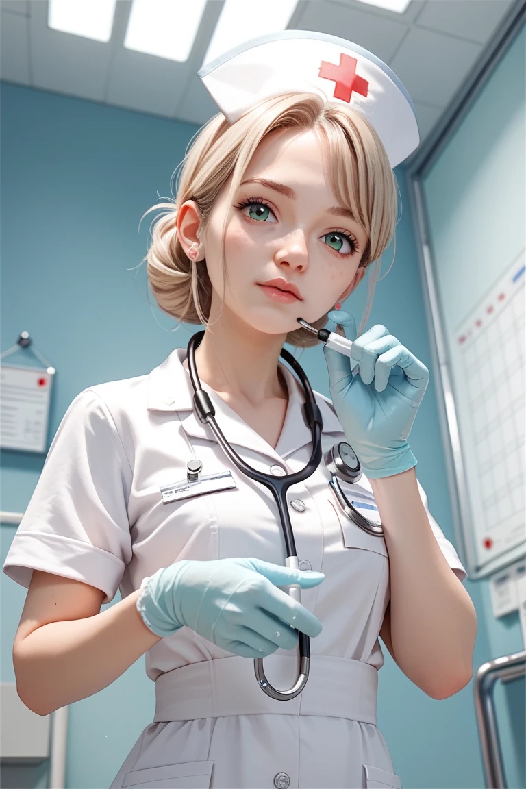 (RAW Photos,  best quality), Wide-angle photography, masterpiece,  1 girl,  natural light
Hospital , operating room, Surgical Glove , 
(((white))) nurse uniform smooth, nurse, stethoscope hand ,