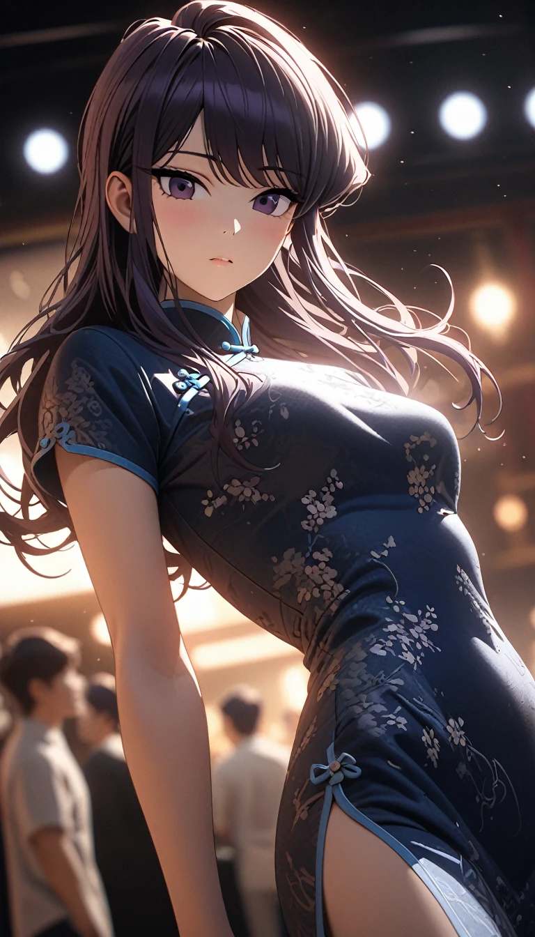 Cheongsam girl，Komi Shouko， long hair，pure white background，depth of field，low angle view，calf level view，Overclocked renderer，movie lighting，Ultra-fine，super detailed，complicated，cinematic perspective，CG art，